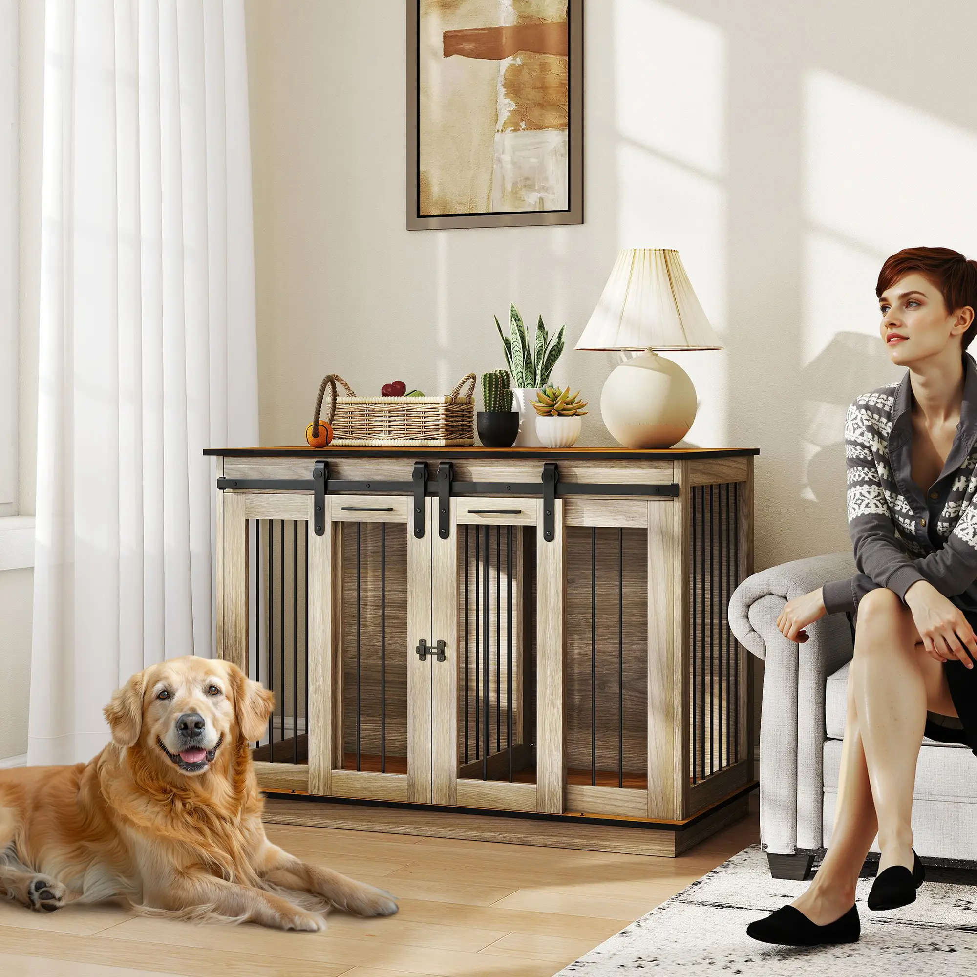 47in Wooden Dog Crate Furniture, Kennel TV Stand, Pet House Side Table, Oak - Image 2