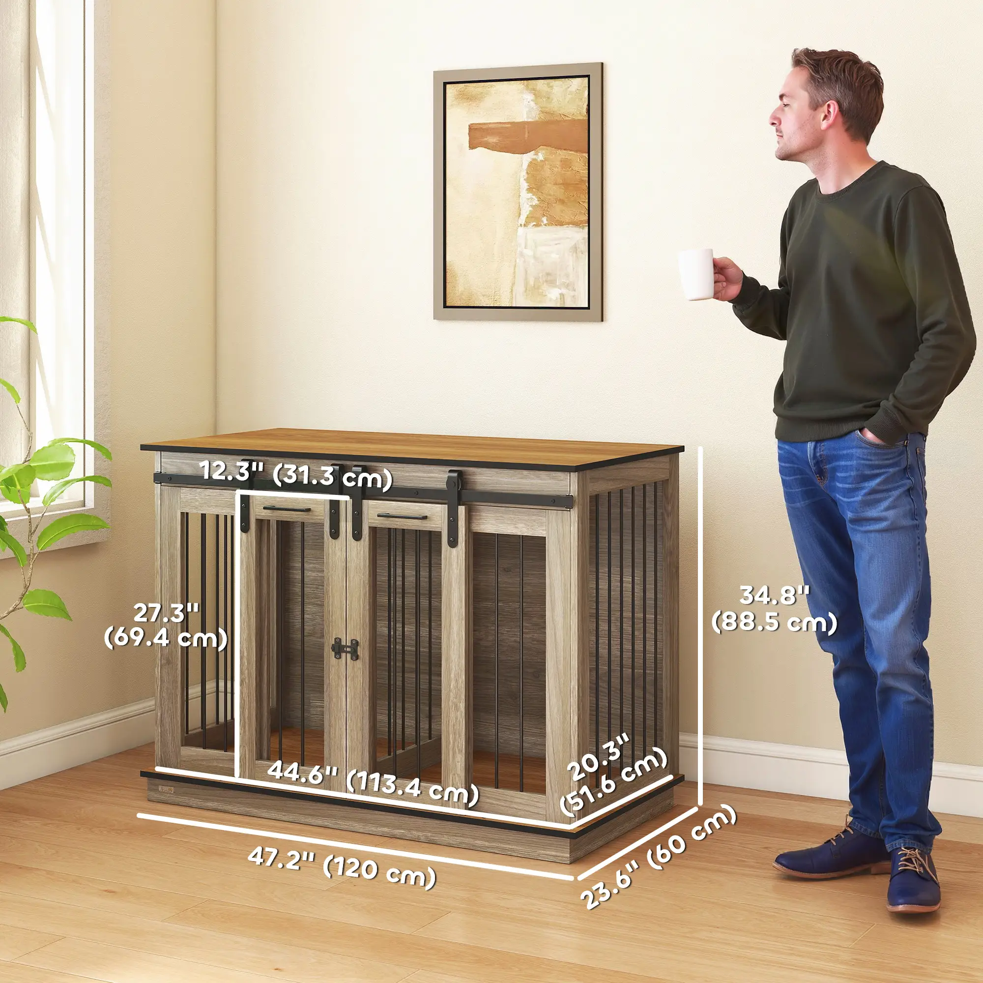47in Wooden Dog Crate Furniture, Kennel TV Stand, Pet House Side Table, Oak - Image 3