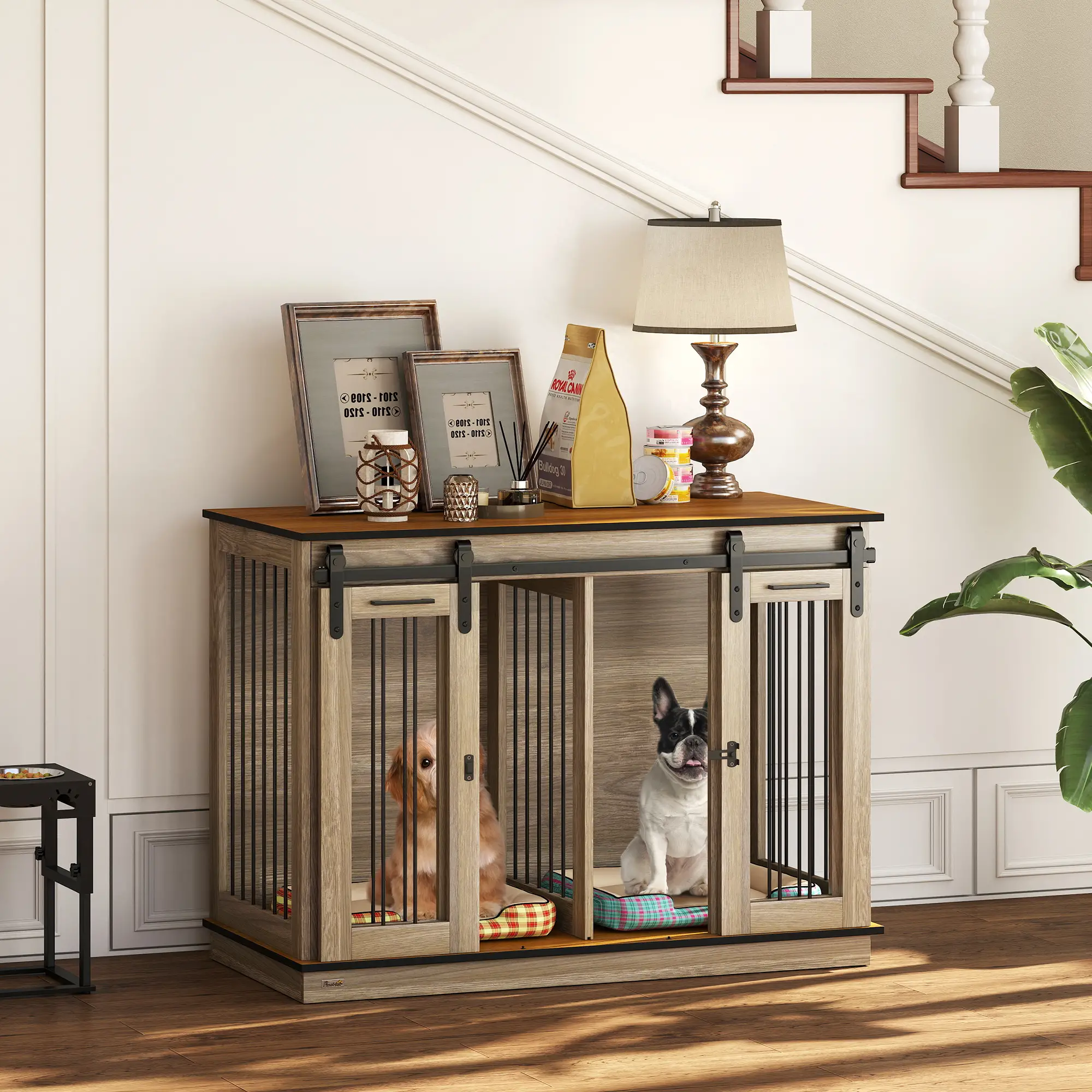 47in Wooden Dog Crate Furniture, Kennel TV Stand, Pet House Side Table, Oak - Image 8