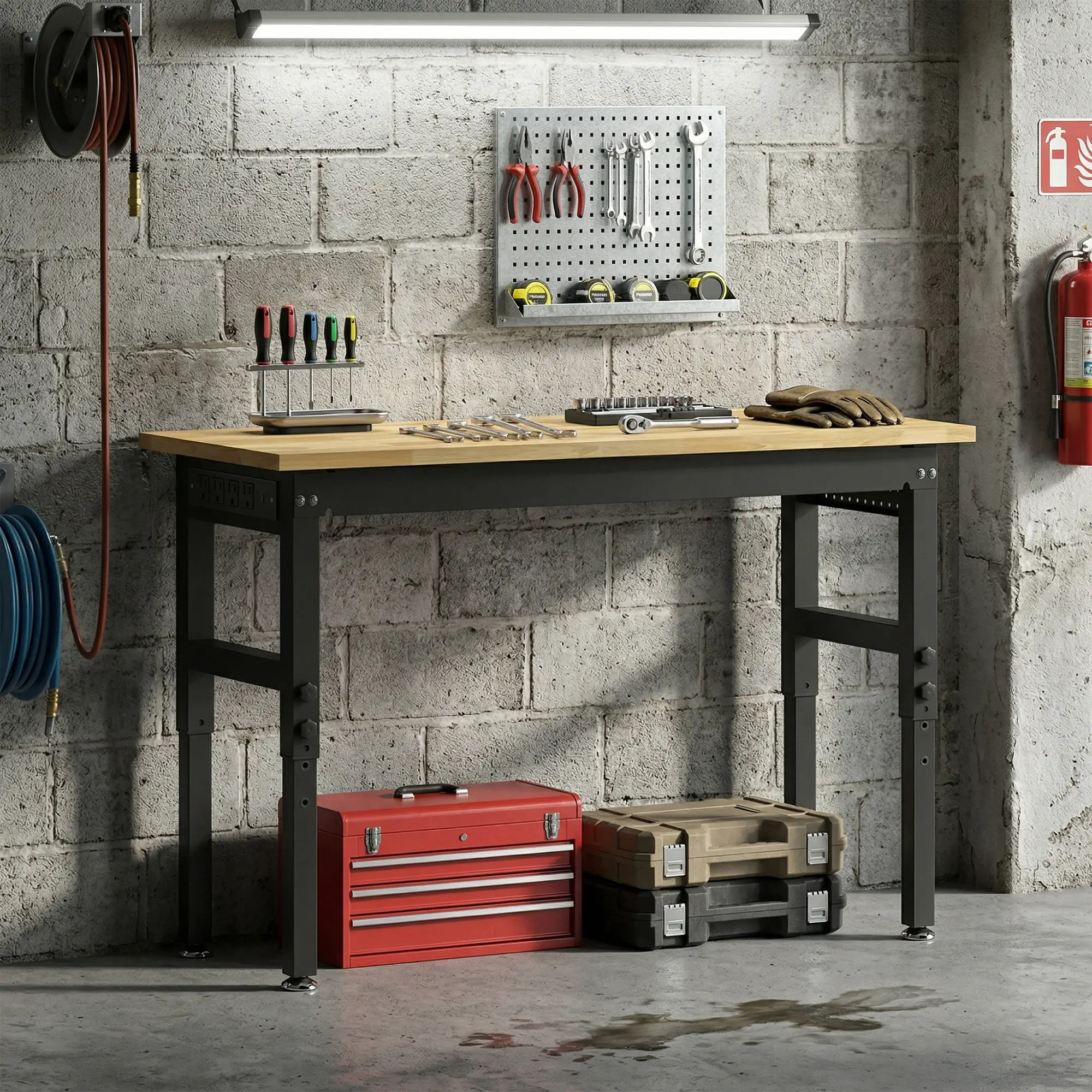 48" Adjustable Workbench, Heavy Duty Work Table with Rubber Wood Top, Power Outlets, Pegboard, 2000 LBS Capacity - Image 10