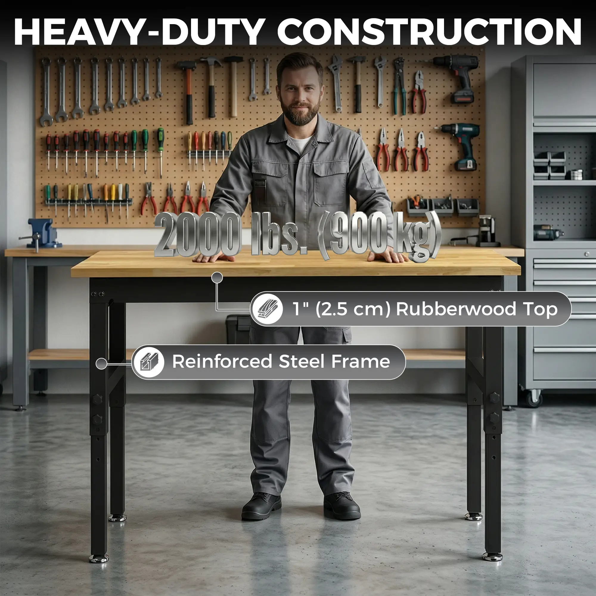 48" Adjustable Workbench, Heavy Duty Work Table with Rubber Wood Top, Power Outlets, Pegboard, 2000 LBS Capacity - Image 4