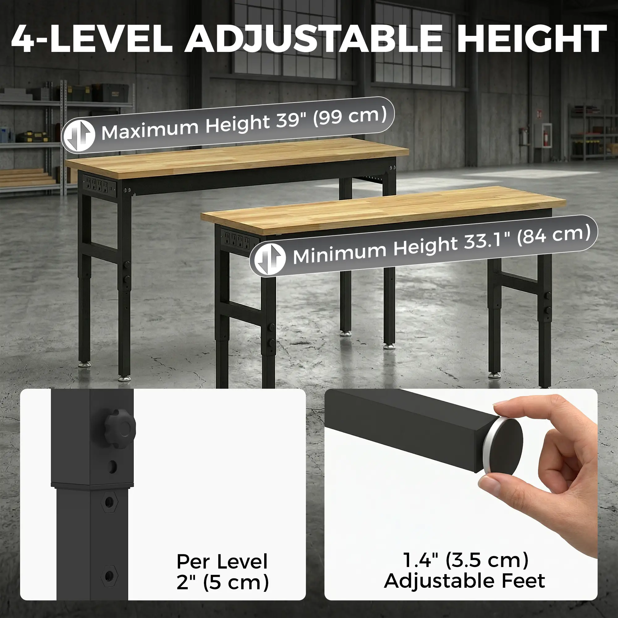 48" Adjustable Workbench, Heavy Duty Work Table with Rubber Wood Top, Power Outlets, Pegboard, 2000 LBS Capacity - Image 6