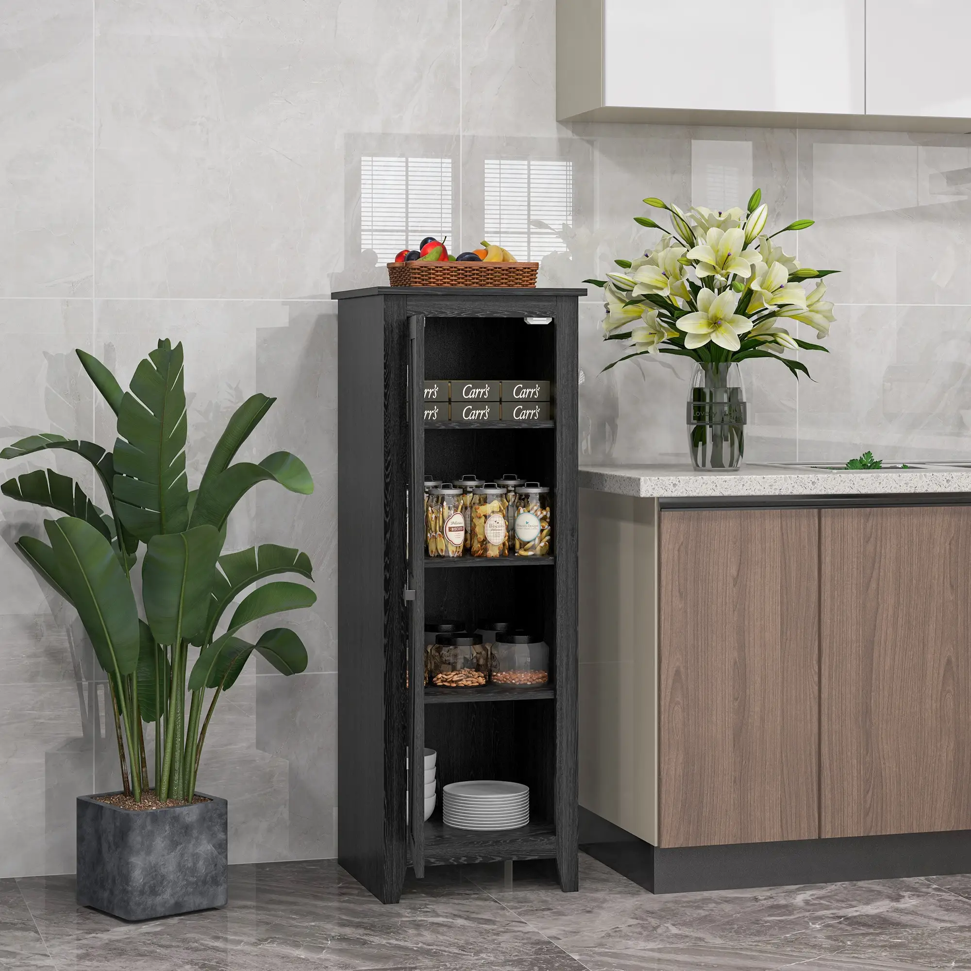 48" Farmhouse Kitchen Pantry Cabinet, Adjustable Shelves, Black - Image 8