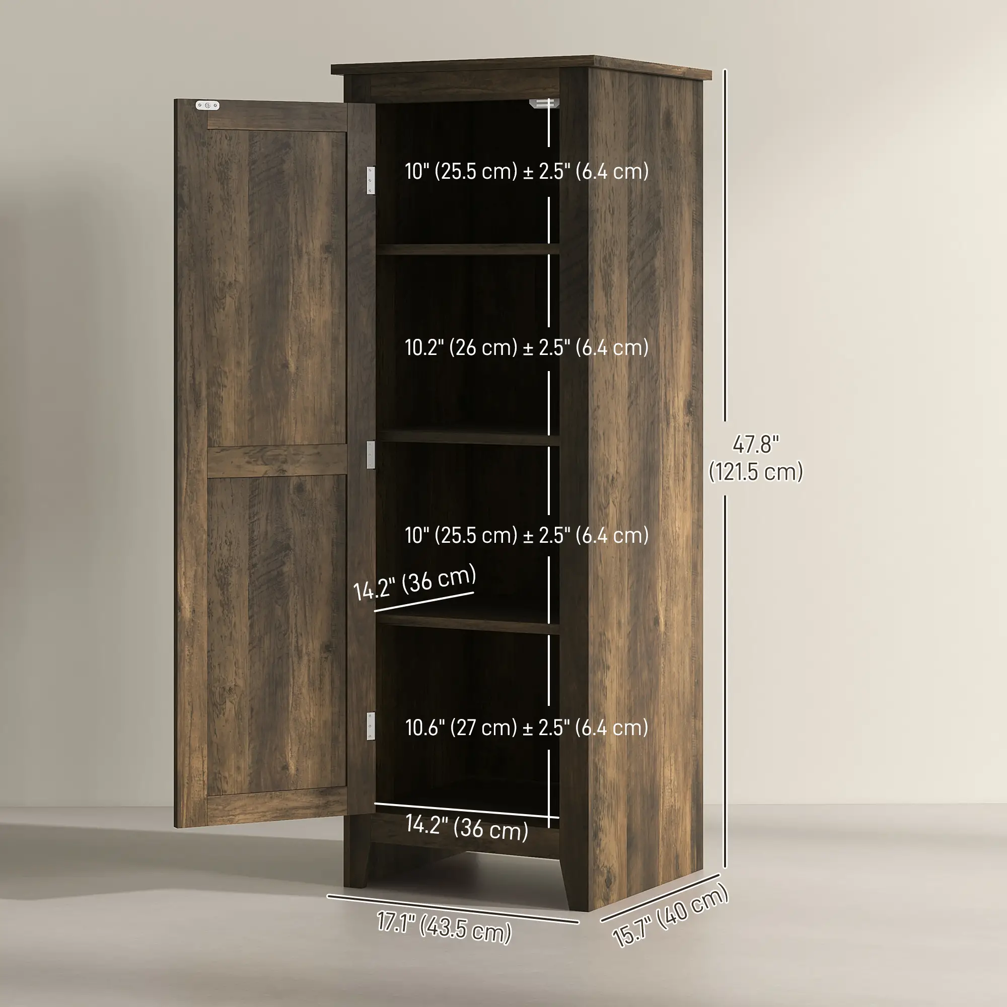 48" Farmhouse Kitchen Pantry Cabinet, Adjustable Shelves, Brown - Image 3