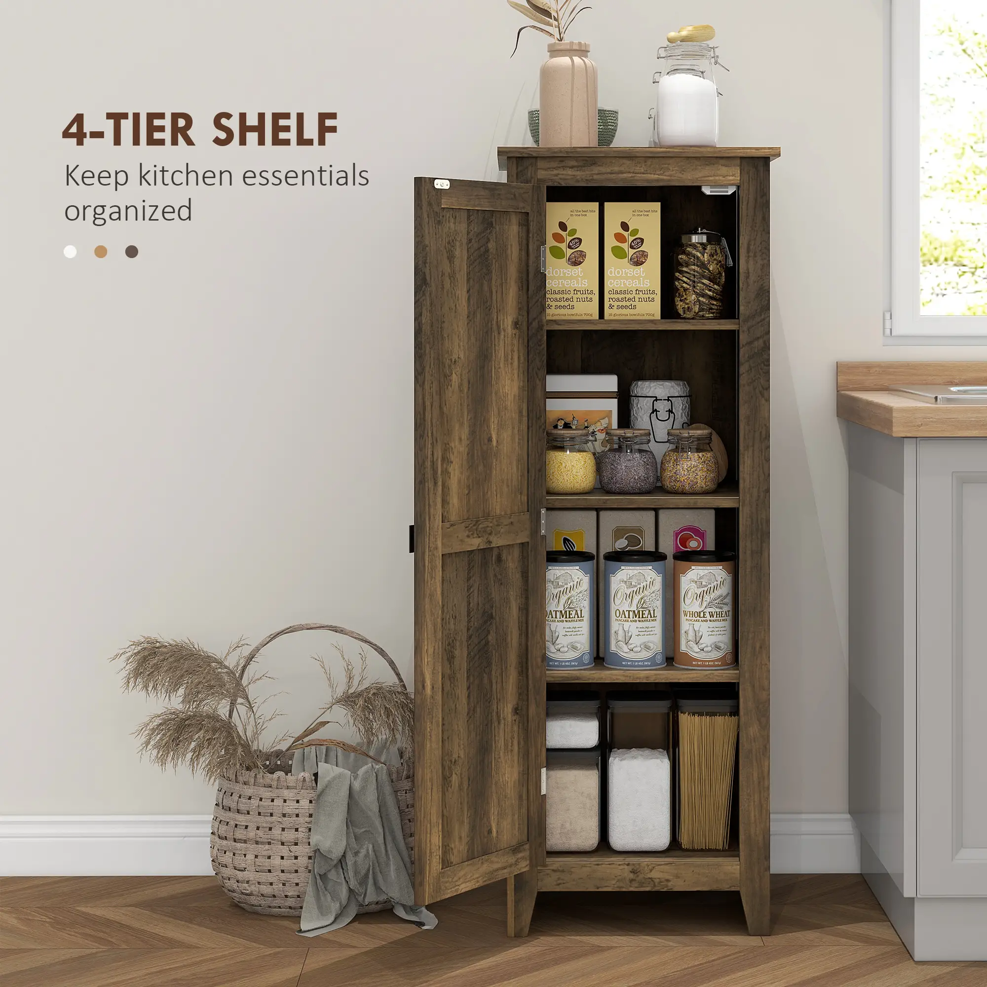 48" Farmhouse Kitchen Pantry Cabinet, Adjustable Shelves, Brown - Image 4