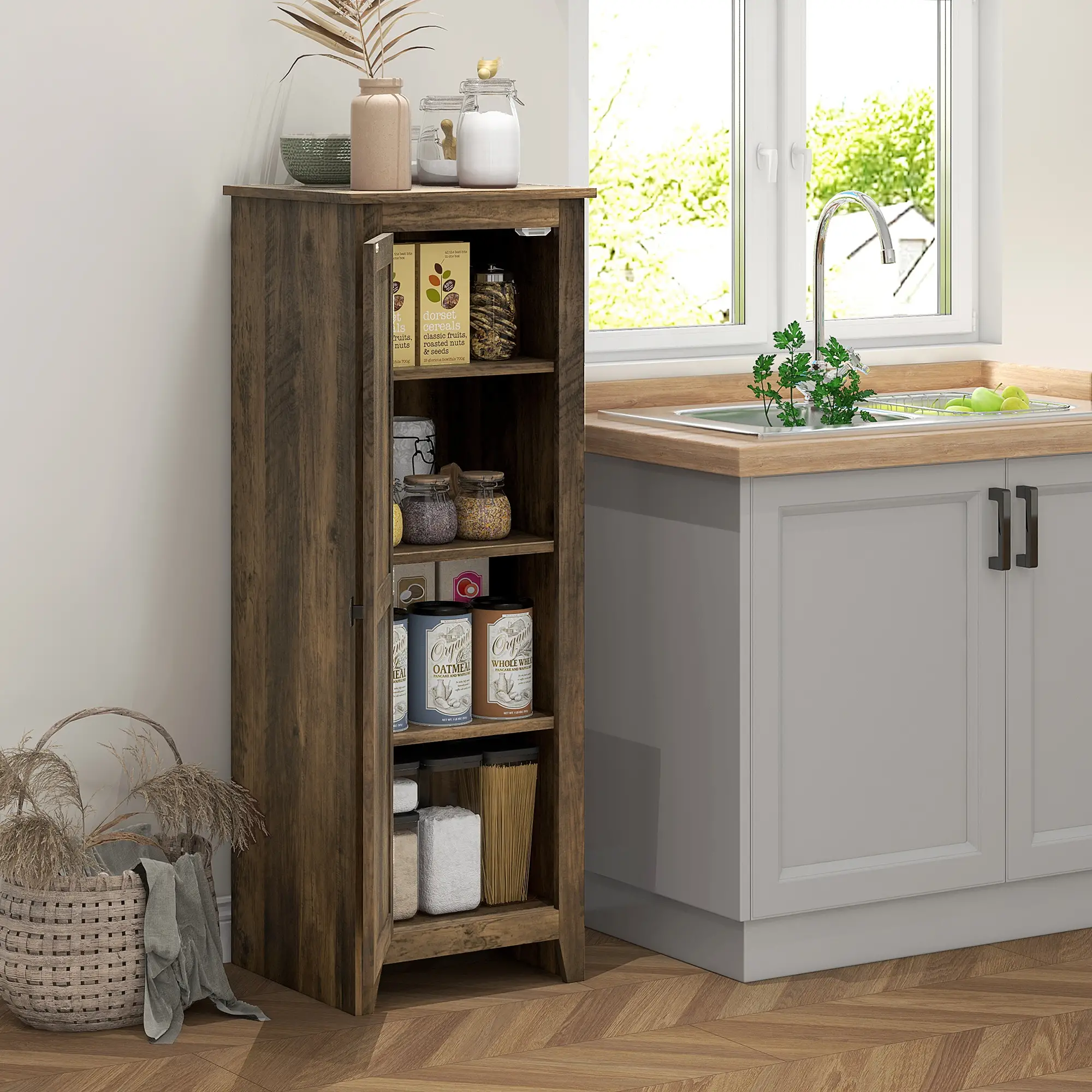48" Farmhouse Kitchen Pantry Cabinet, Adjustable Shelves, Brown - Image 8