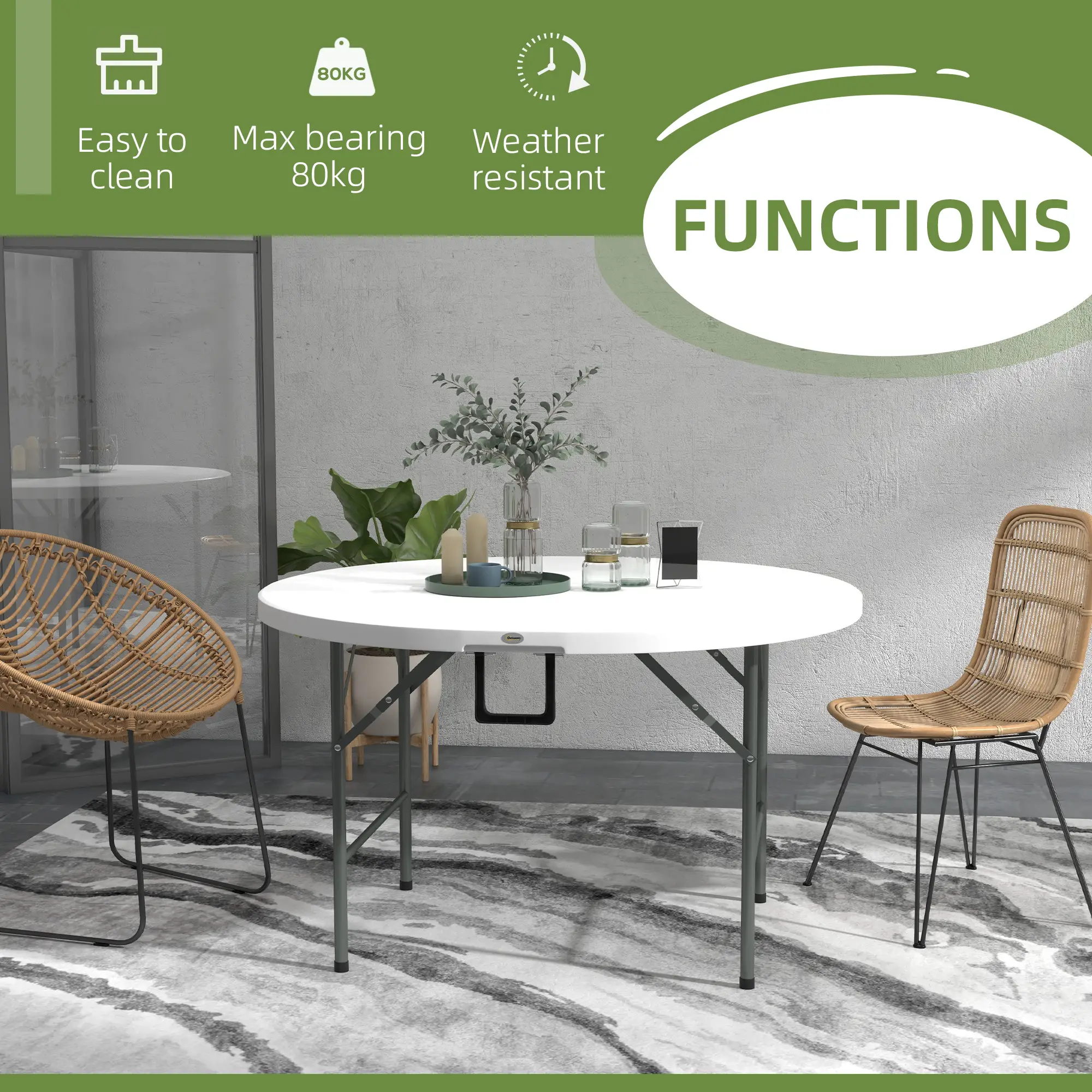 48" Folding Patio Table, Outdoor HDPE Picnic Table, White - Image 5