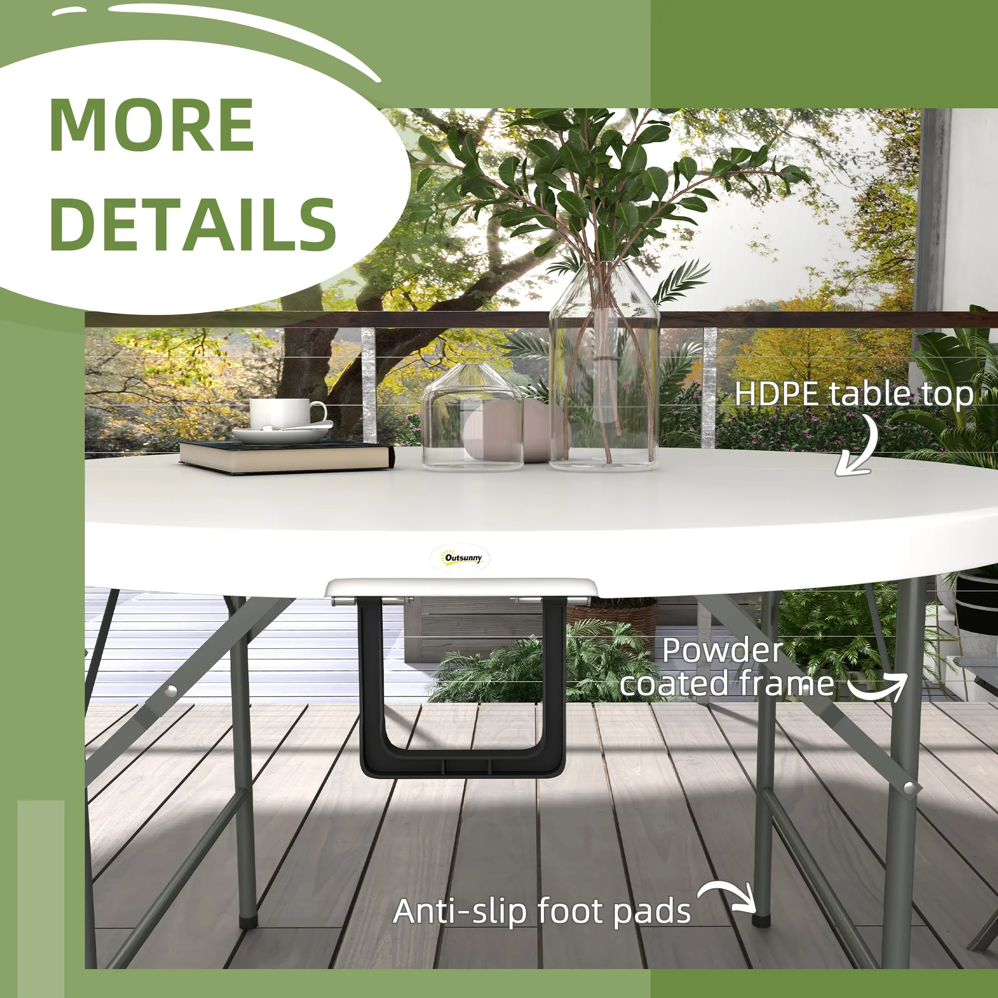 48" Folding Patio Table, Outdoor HDPE Picnic Table, White - Image 6