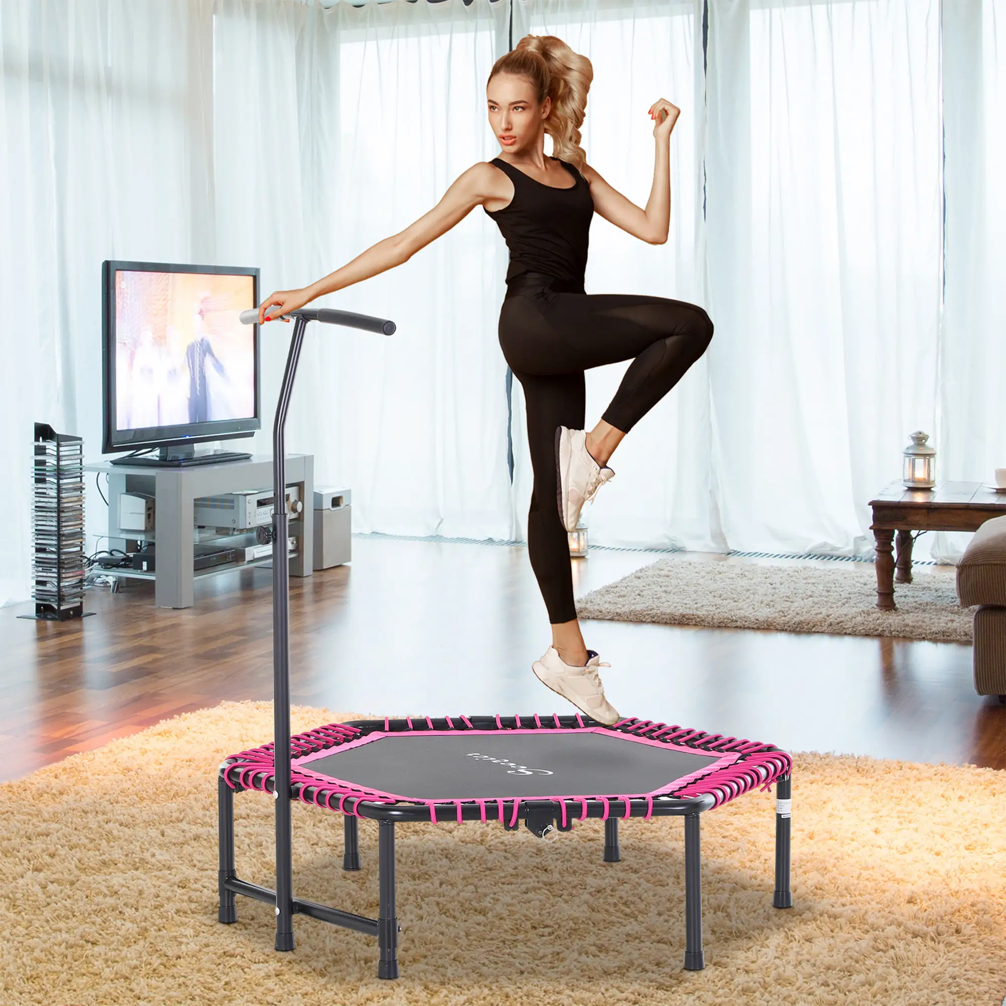 48" Hexagon Rebounder Trampoline, Fitness Bungee Jumper, Adjustable Bar, Pink - Image 2