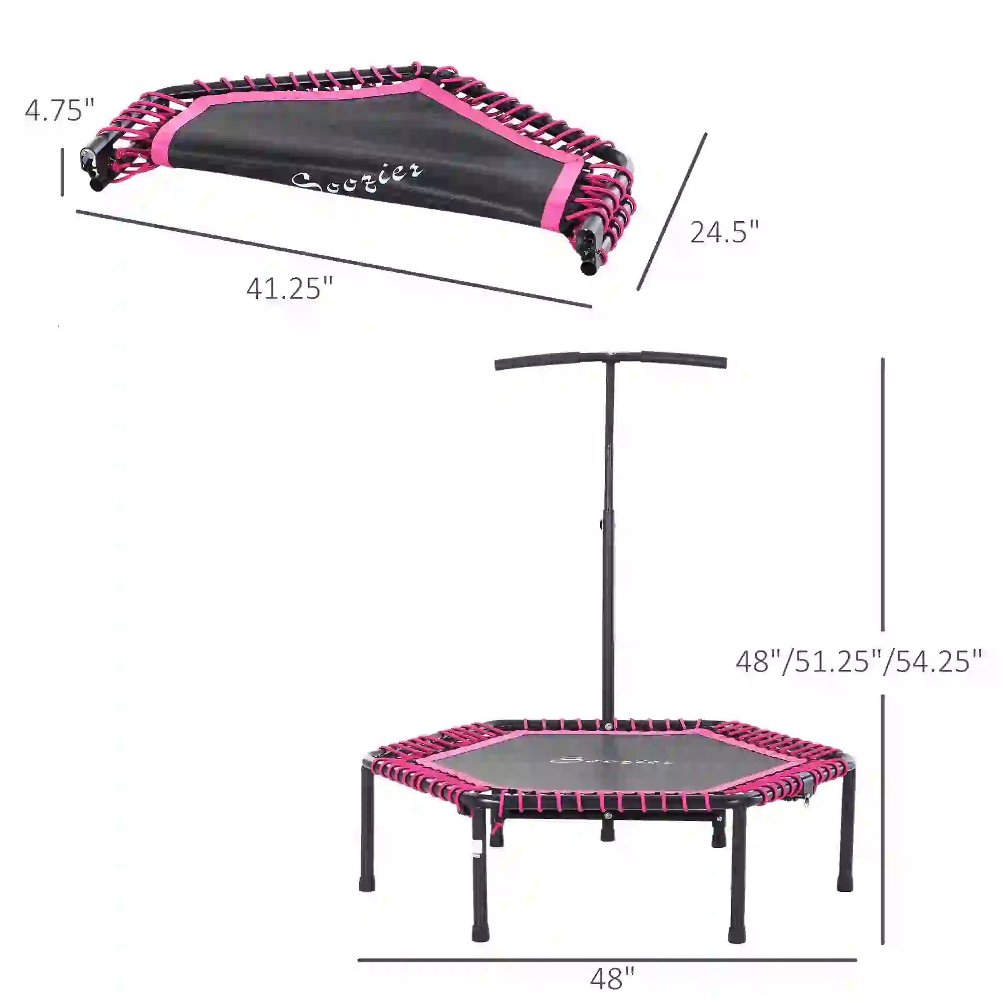 48" Hexagon Rebounder Trampoline, Fitness Bungee Jumper, Adjustable Bar, Pink - Image 3