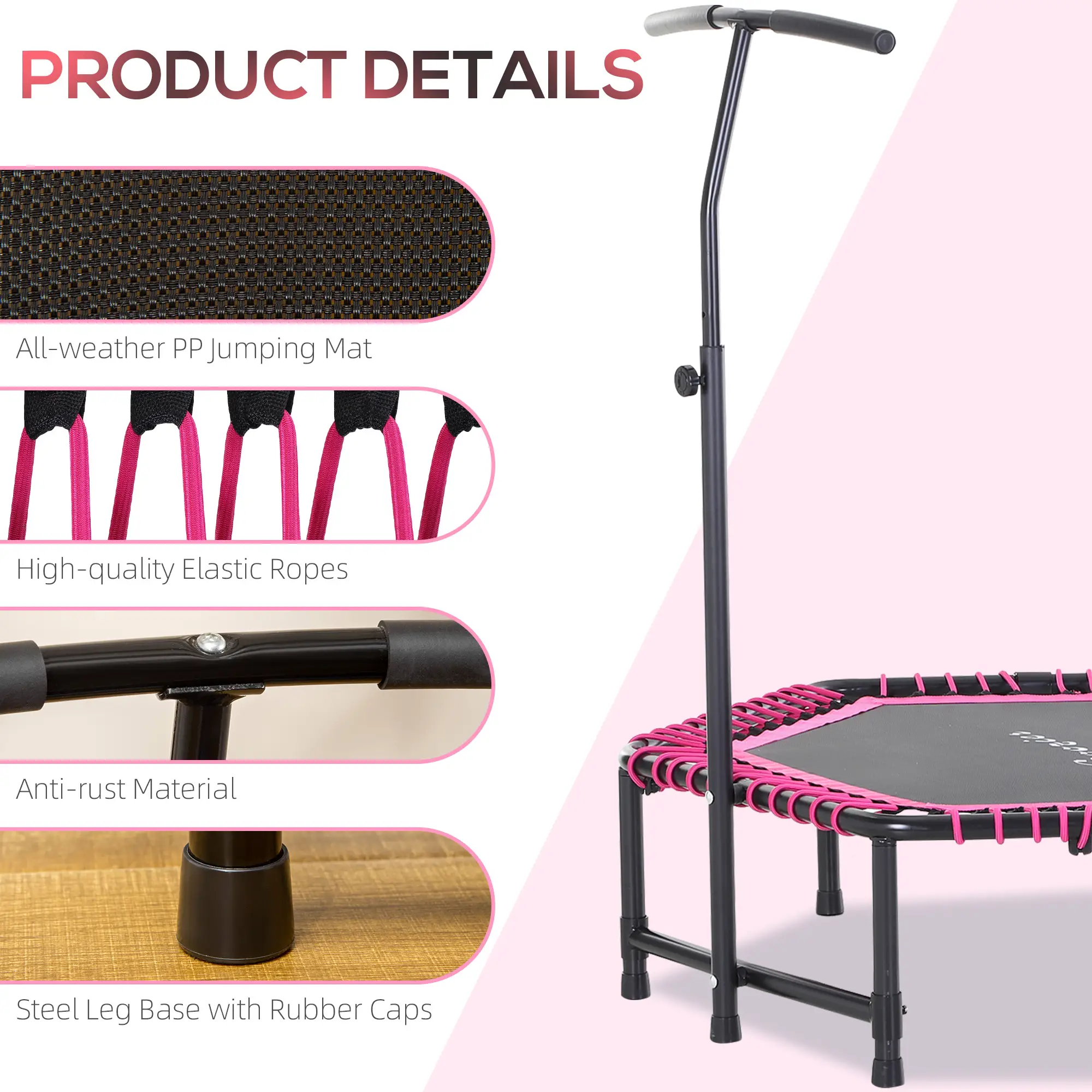 48" Hexagon Rebounder Trampoline, Fitness Bungee Jumper, Adjustable Bar, Pink - Image 6