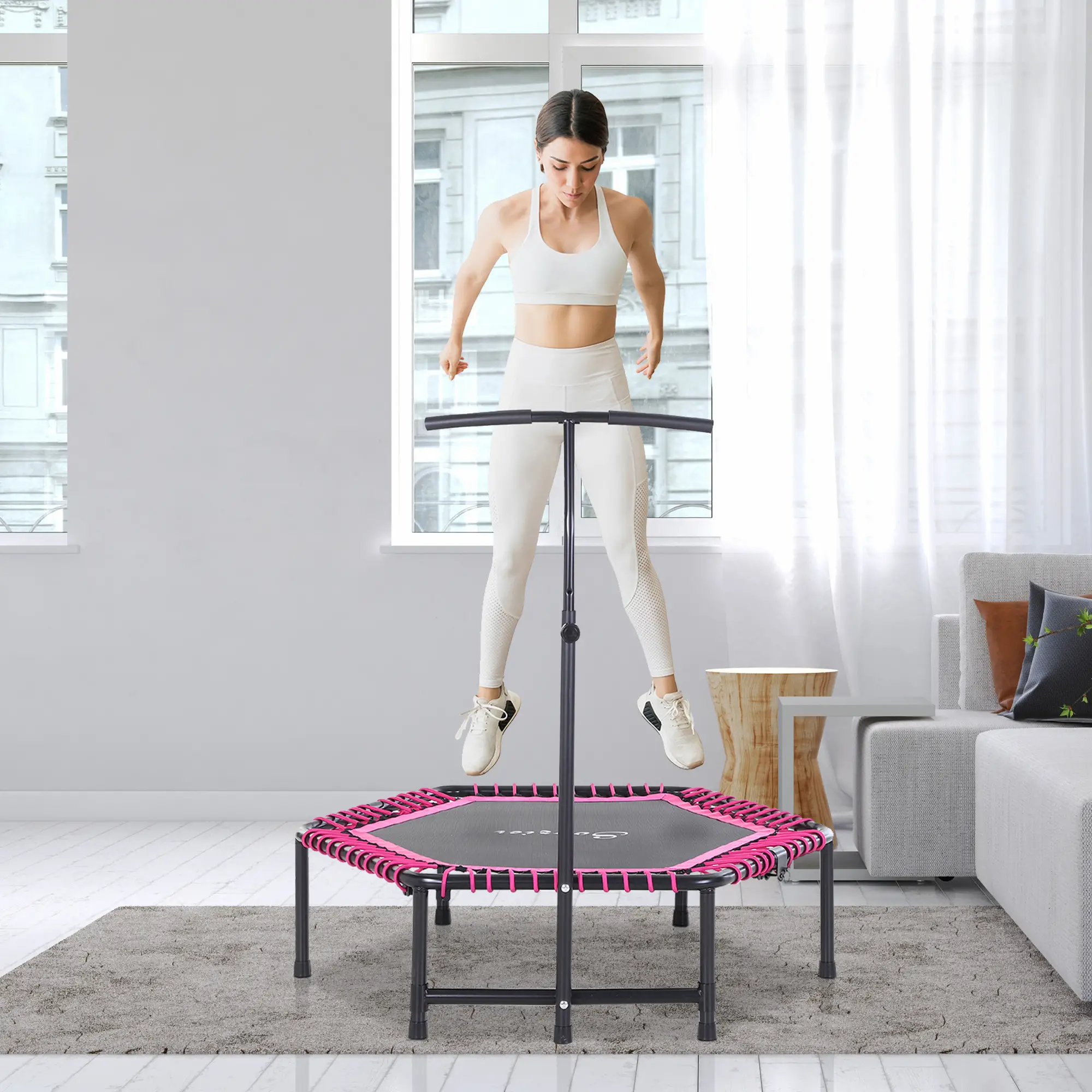 48" Hexagon Rebounder Trampoline, Fitness Bungee Jumper, Adjustable Bar, Pink - Image 8