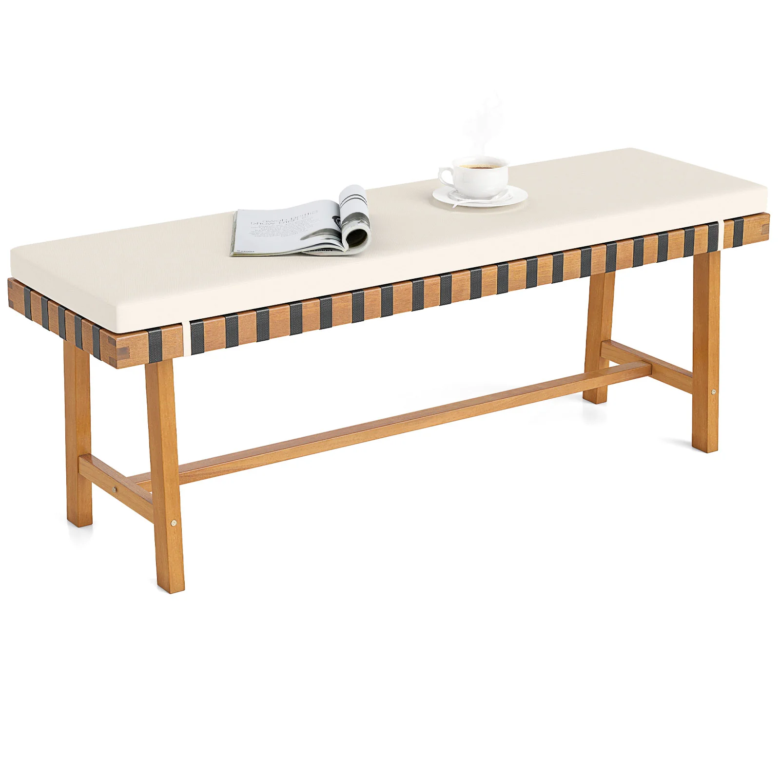 48 Inch Acacia Wood Outdoor Bench, Thick Padded Cushion, Natural