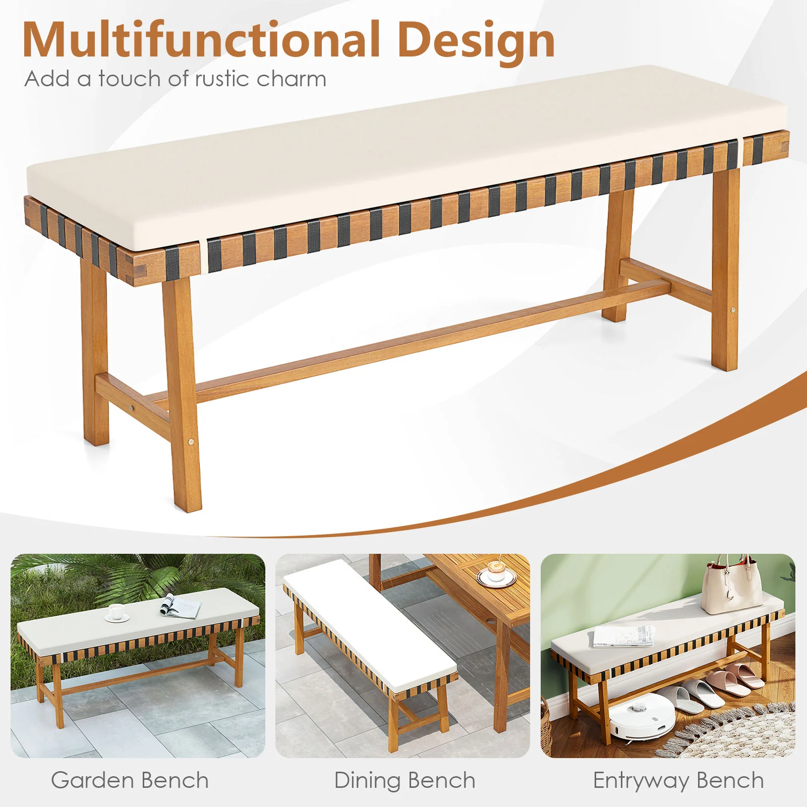 48 Inch Acacia Wood Outdoor Bench, Thick Padded Cushion, Natural - Image 10