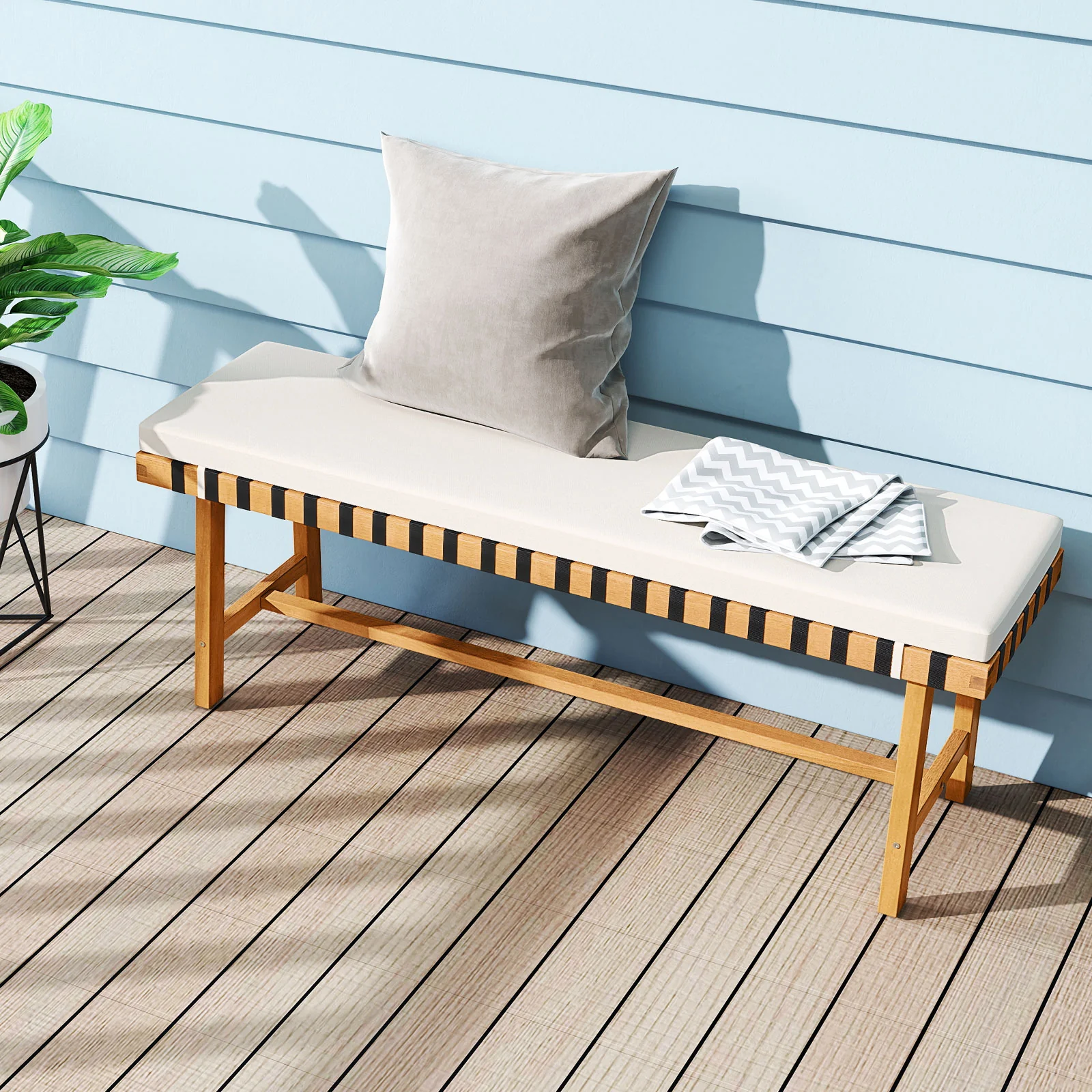 48 Inch Acacia Wood Outdoor Bench, Thick Padded Cushion, Natural - Image 3