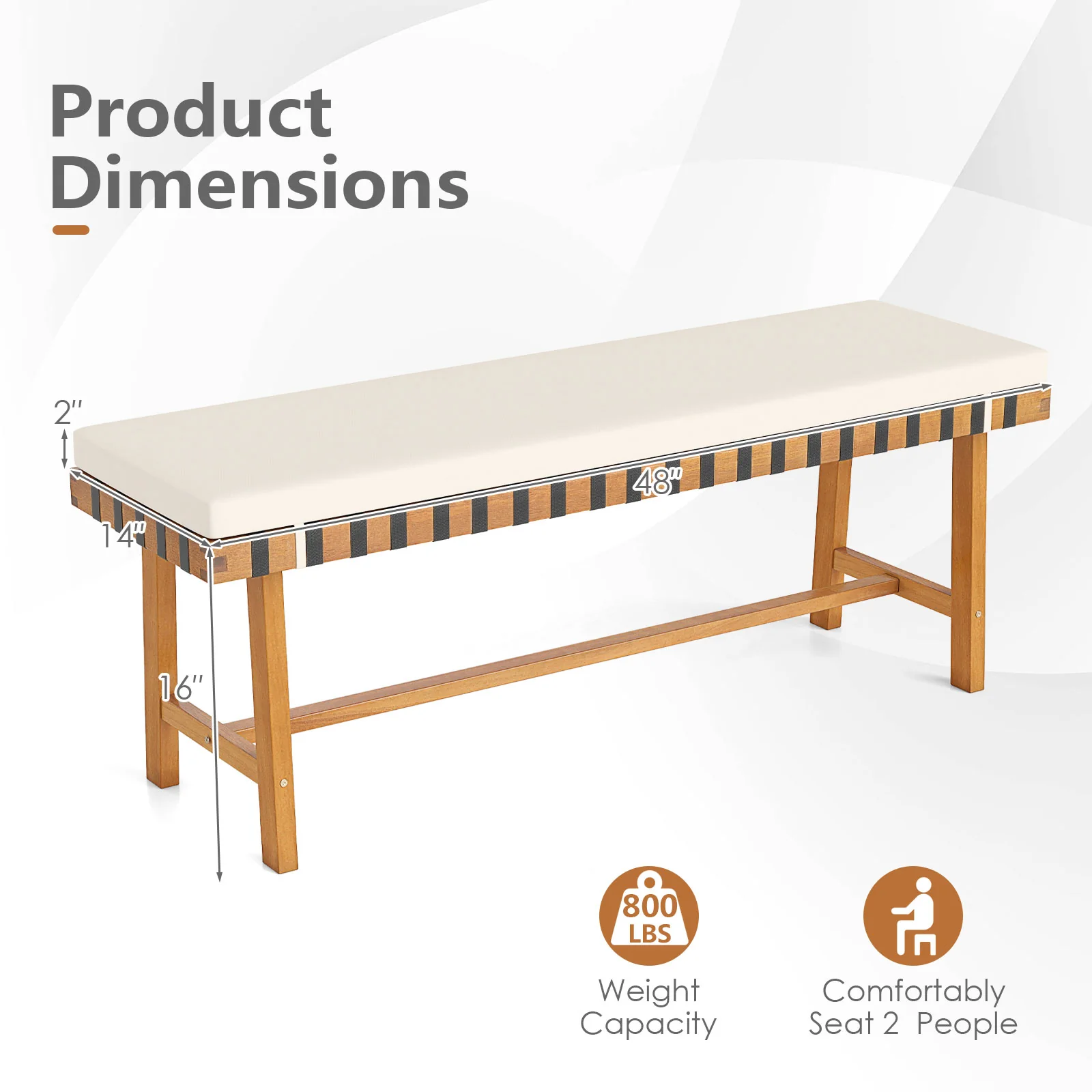 48 Inch Acacia Wood Outdoor Bench, Thick Padded Cushion, Natural - Image 6