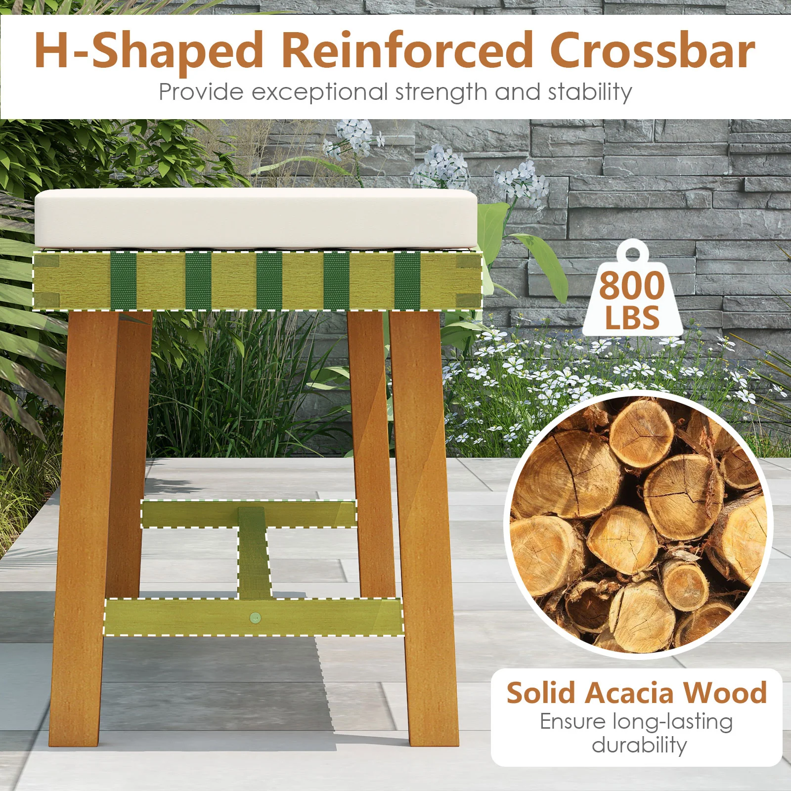 48 Inch Acacia Wood Outdoor Bench, Thick Padded Cushion, Natural - Image 7