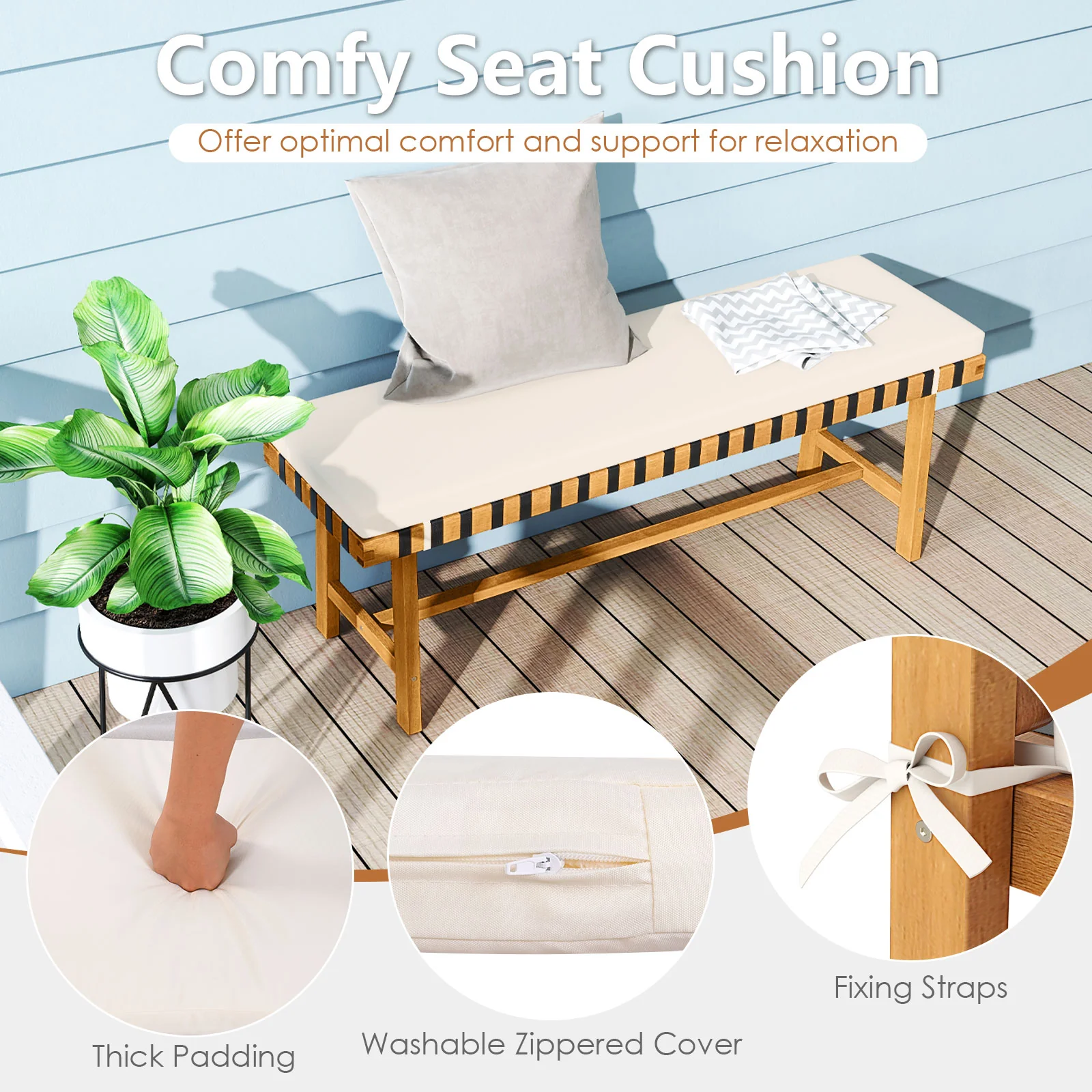 48 Inch Acacia Wood Outdoor Bench, Thick Padded Cushion, Natural - Image 8