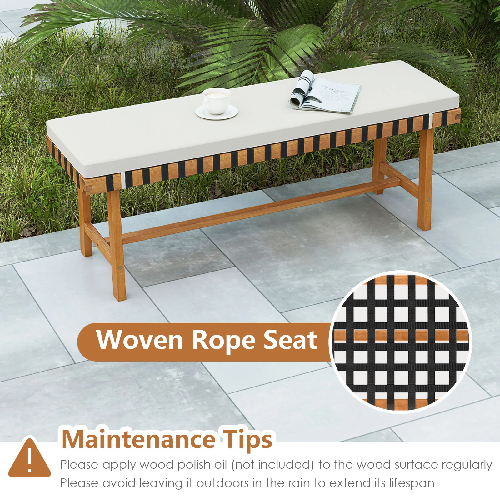 48 Inch Acacia Wood Outdoor Bench, Thick Padded Cushion, Natural - Image 9