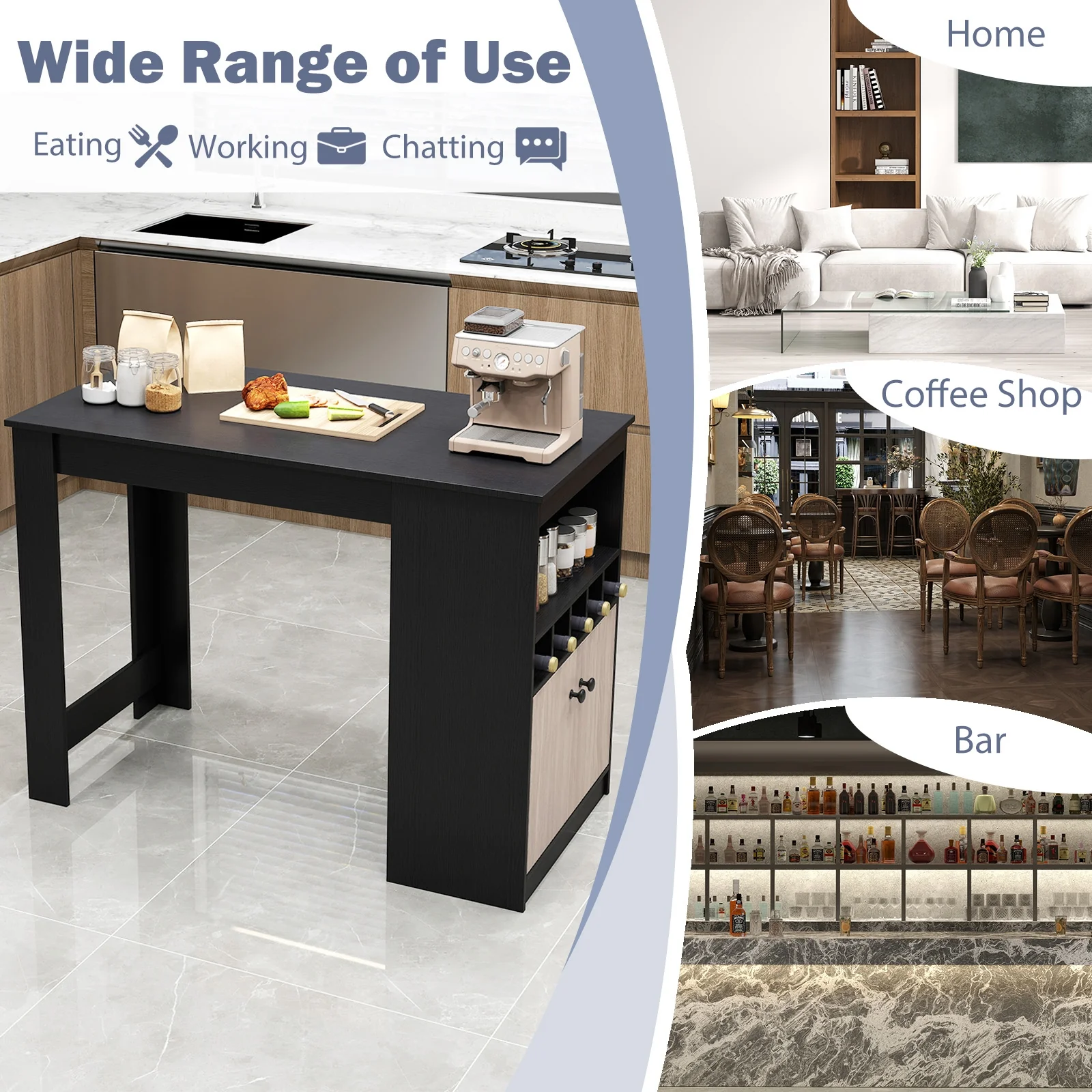 48 Inch Bar Table With Storage Cabinet, Wine Rack, Black - Image 10
