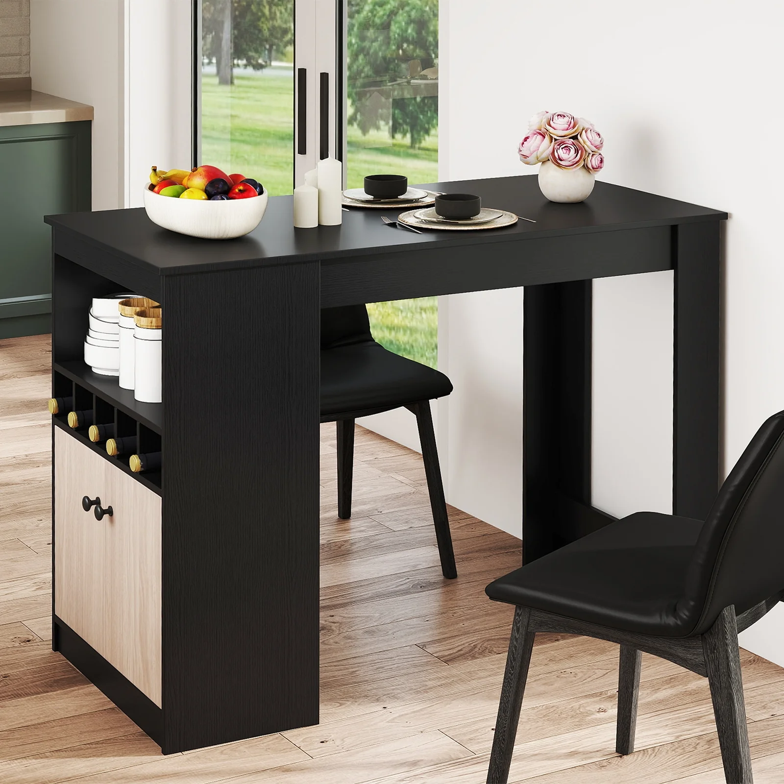 48 Inch Bar Table With Storage Cabinet, Wine Rack, Black - Image 2