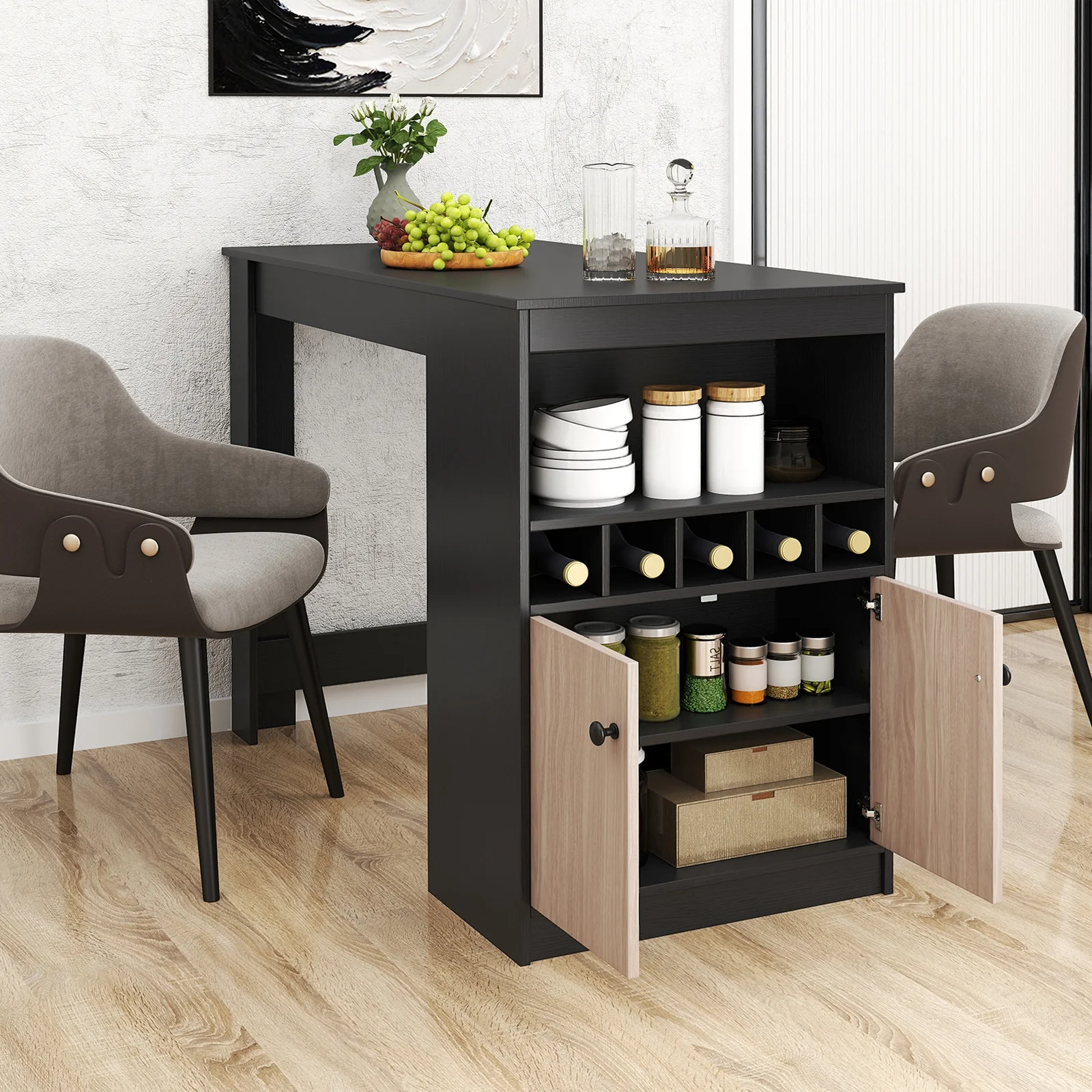 48 Inch Bar Table With Storage Cabinet, Wine Rack, Black - Image 3