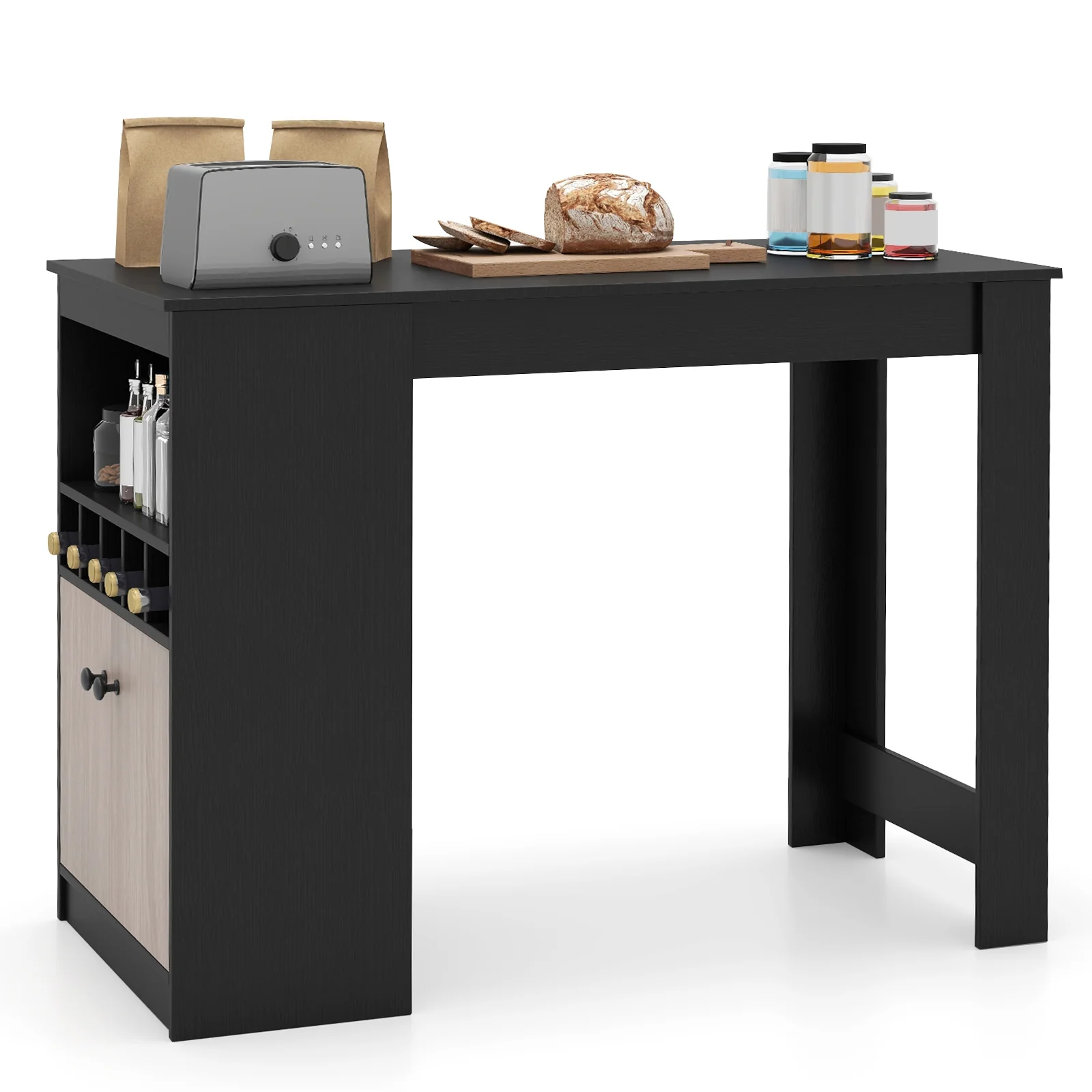 48 Inch Bar Table With Storage Cabinet, Wine Rack, Black - Image 5