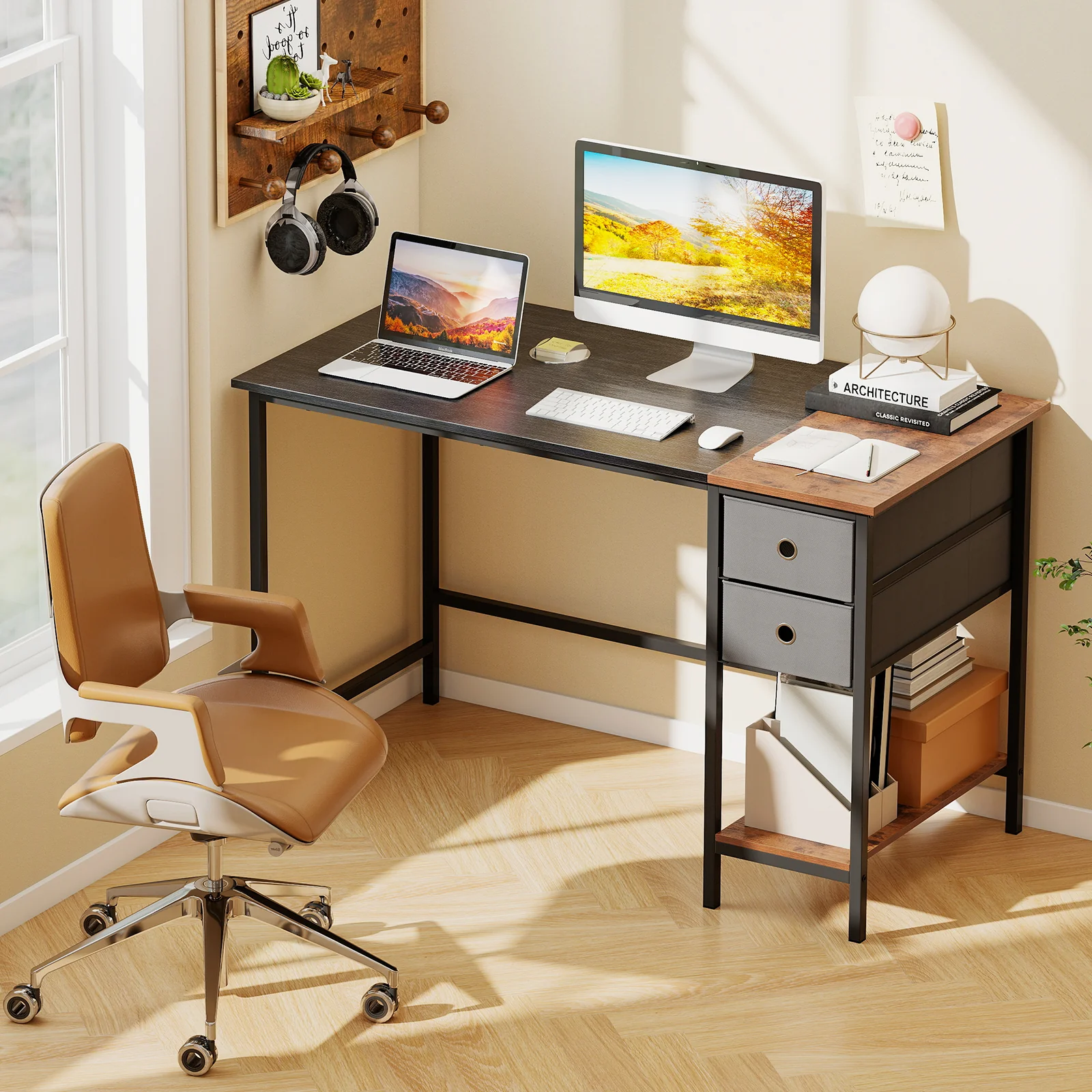 48 Inch Computer Desk, 2 Fabric Drawers, Industrial Home Office, Black - Image 2