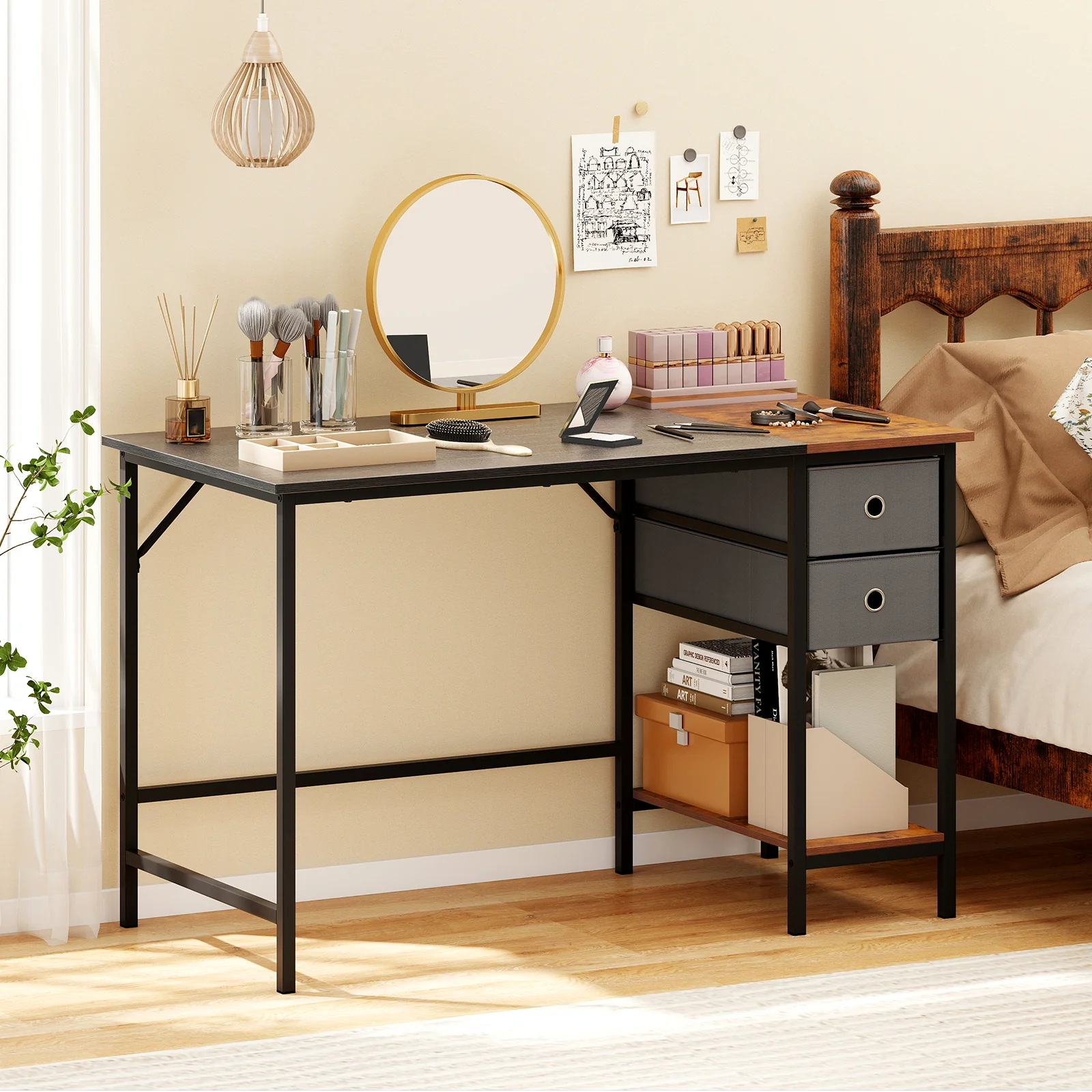 48 Inch Computer Desk, 2 Fabric Drawers, Industrial Home Office, Black - Image 3