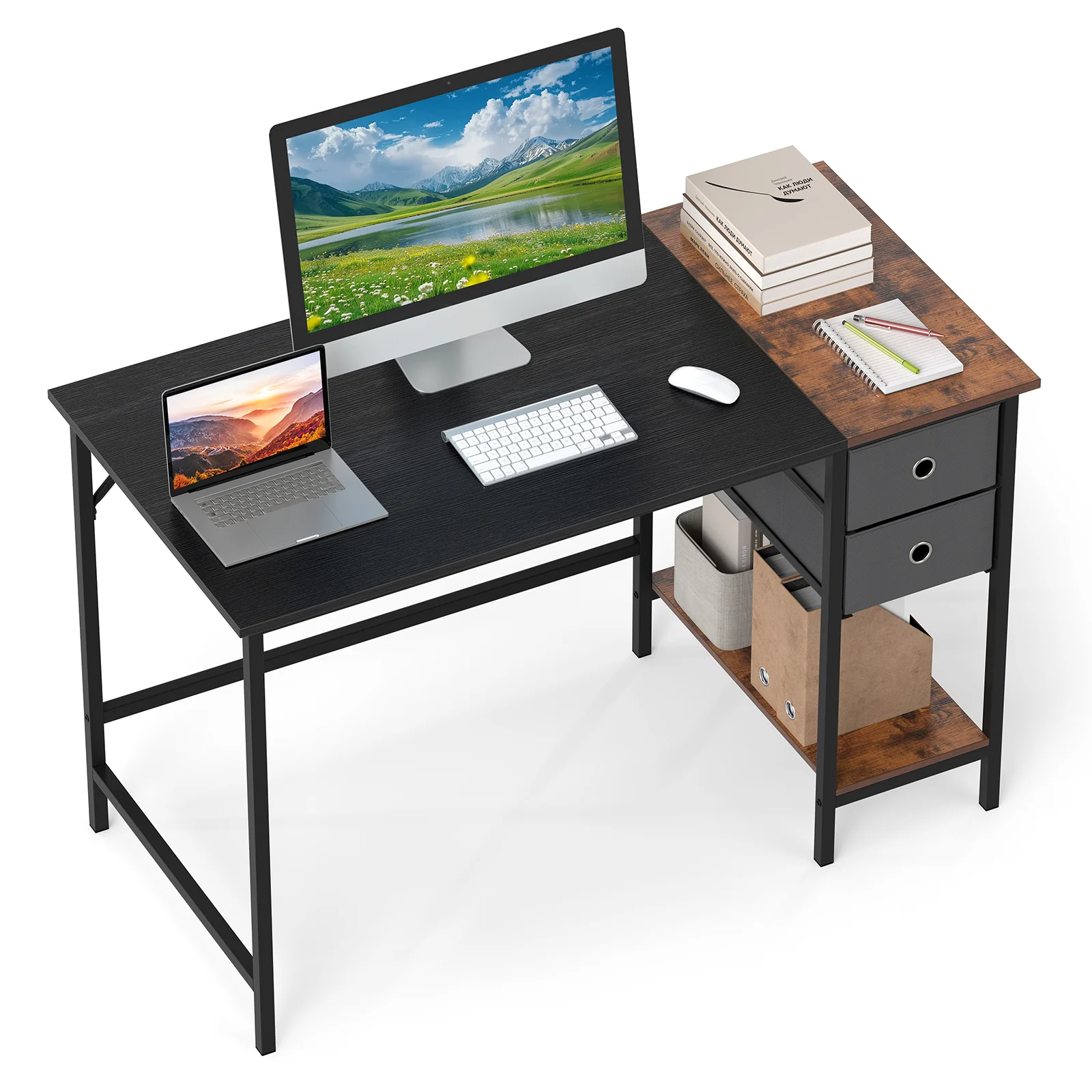 48 Inch Computer Desk, 2 Fabric Drawers, Industrial Home Office, Black - Image 4