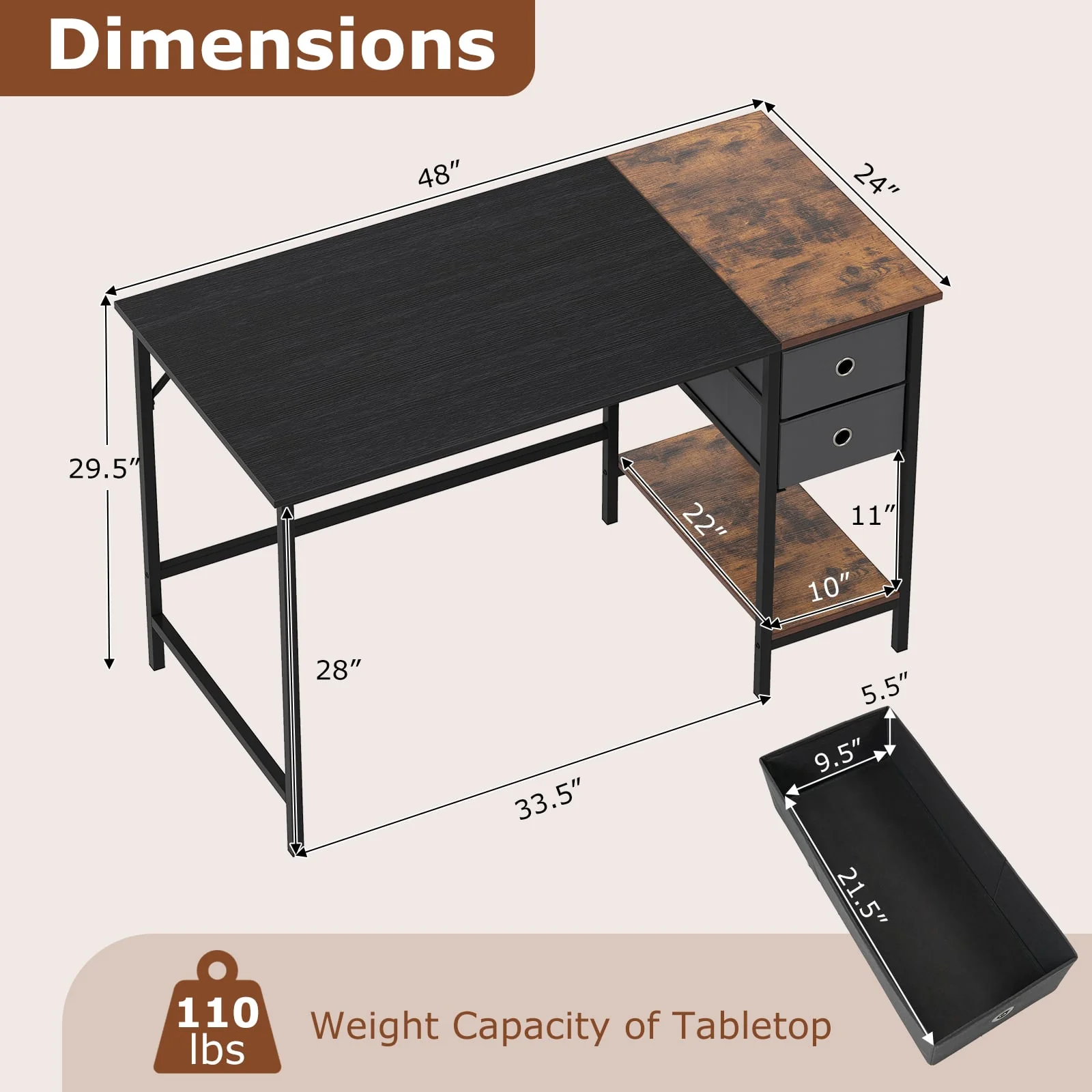 48 Inch Computer Desk, 2 Fabric Drawers, Industrial Home Office, Black - Image 5