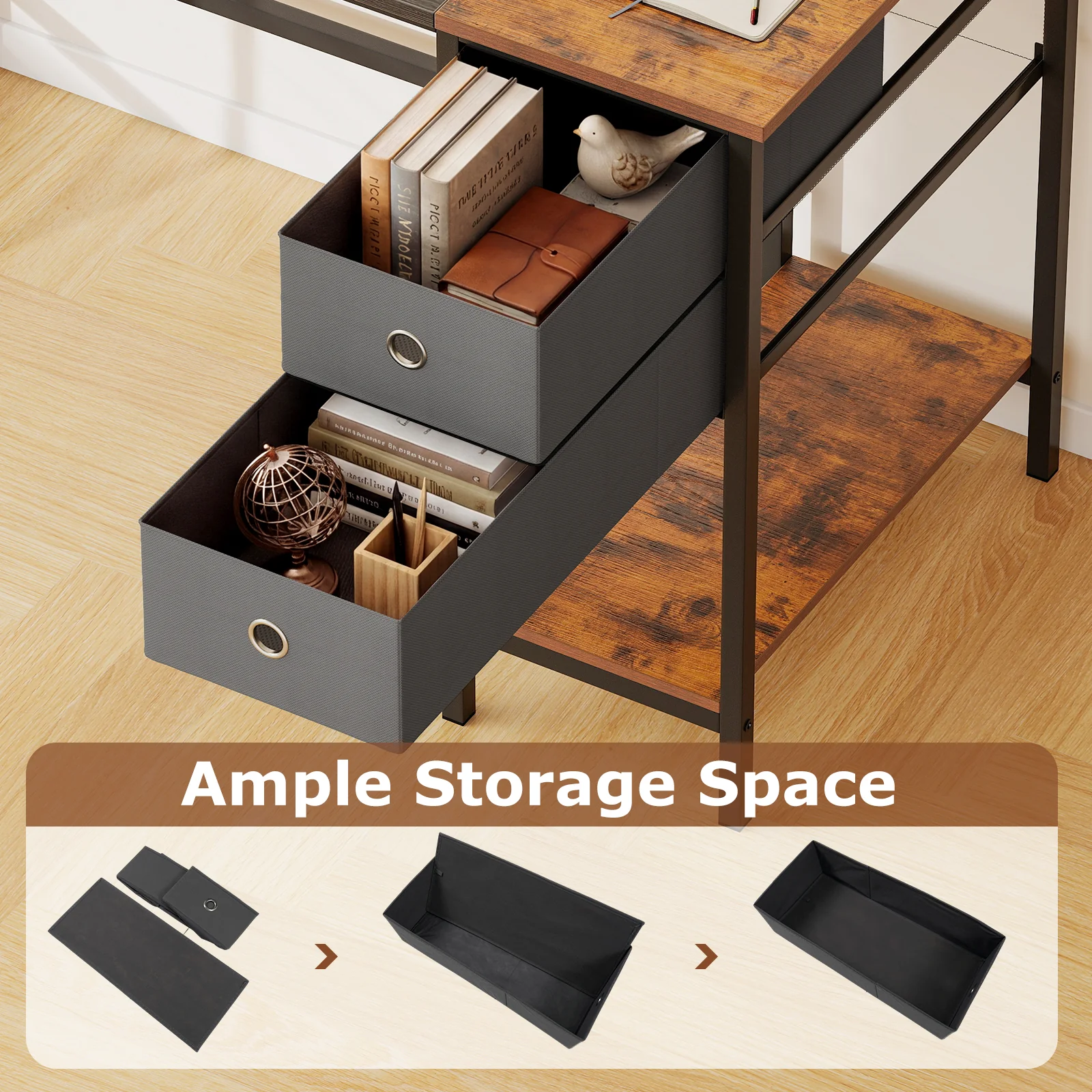 48 Inch Computer Desk, 2 Fabric Drawers, Industrial Home Office, Black - Image 8