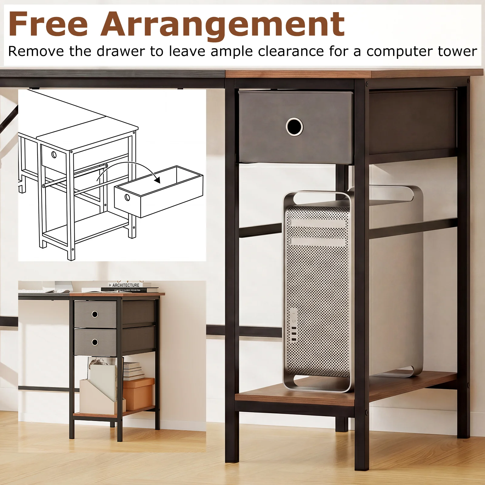 48 Inch Computer Desk, 2 Fabric Drawers, Industrial Home Office, Black - Image 9