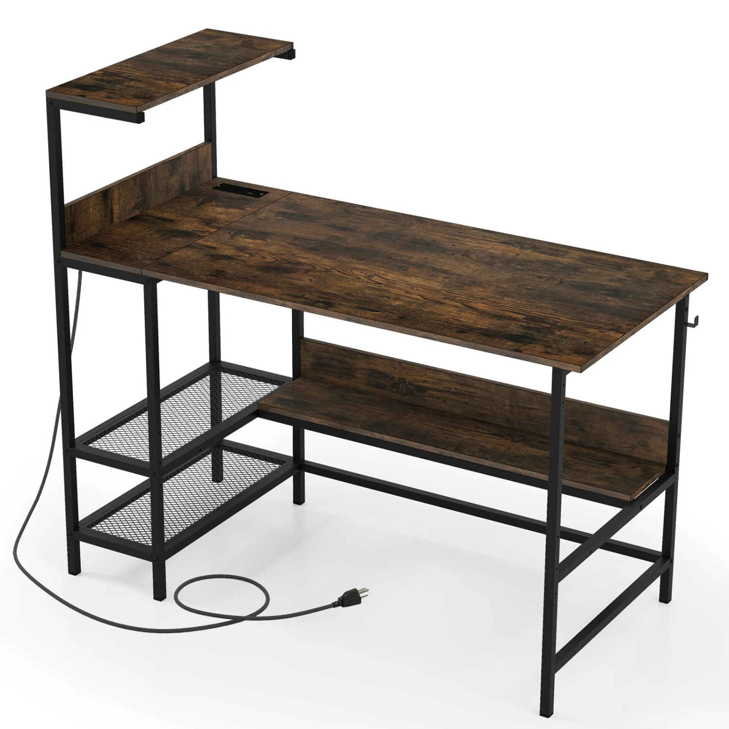 48 Inch Computer Desk, Power Outlets, Storage Shelves, Brown