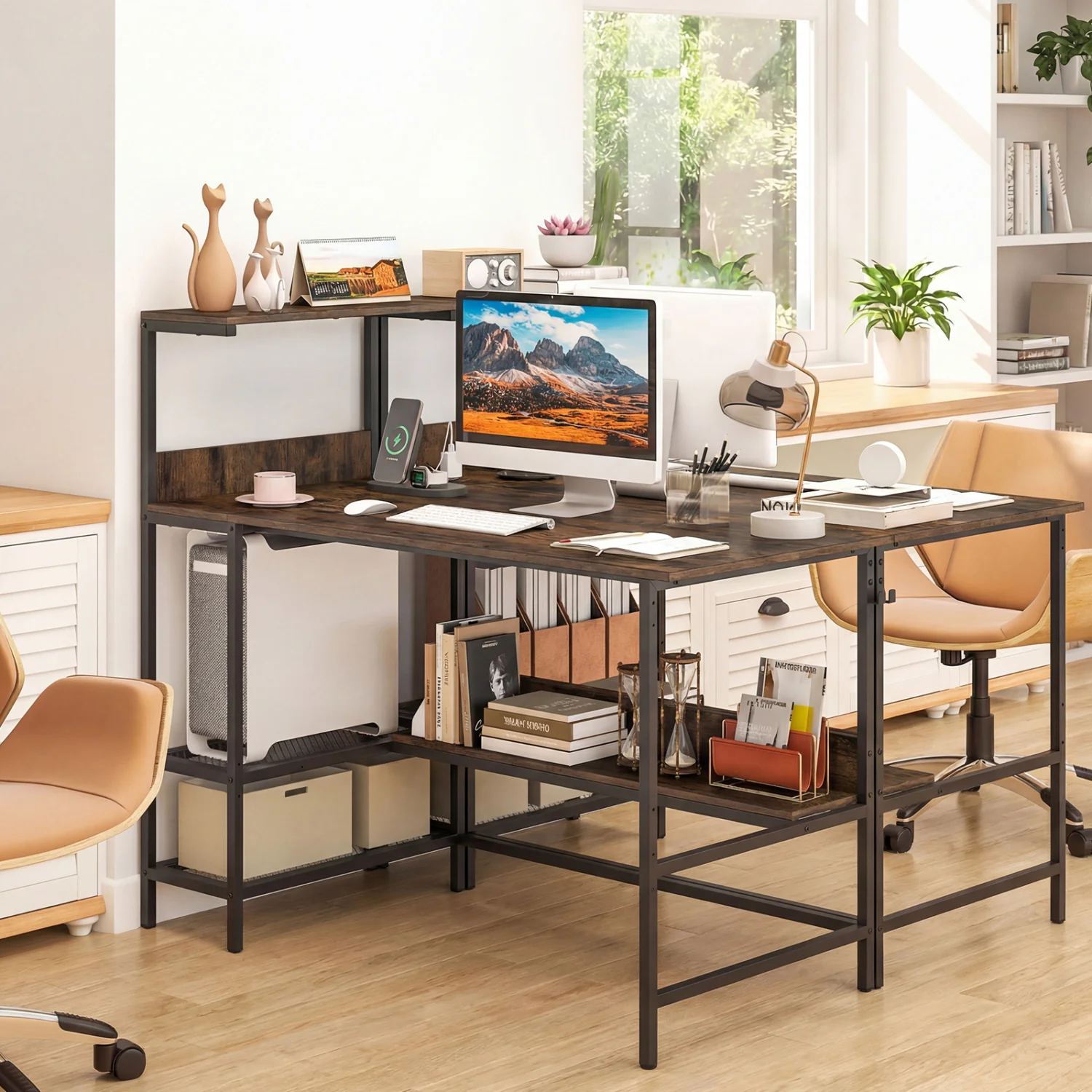 48 Inch Computer Desk, Power Outlets, Storage Shelves, Brown - Image 2