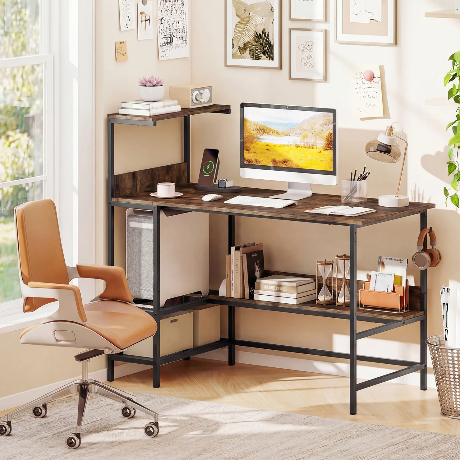 48 Inch Computer Desk, Power Outlets, Storage Shelves, Brown - Image 3