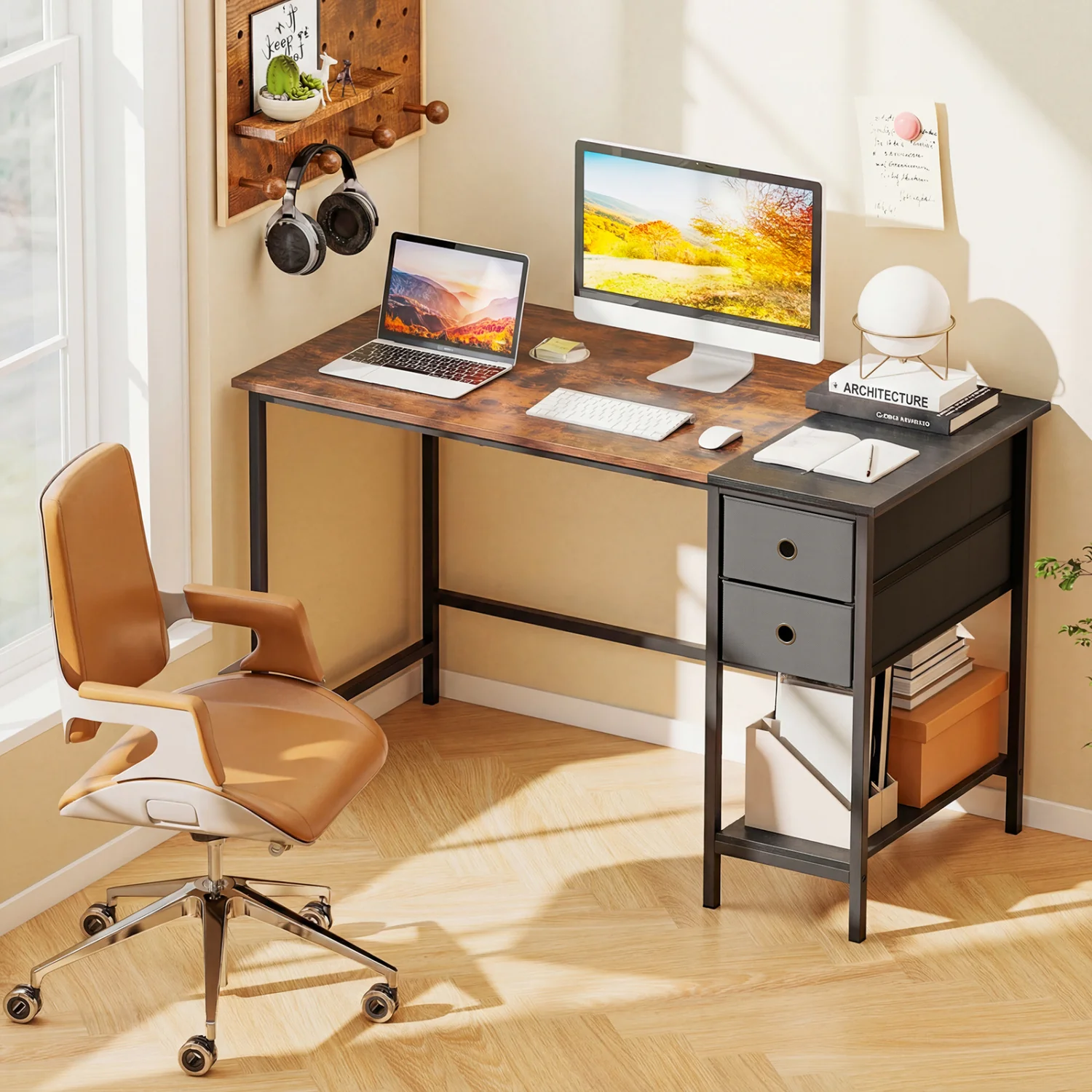 48 Inch Computer Desk with 2 Fabric Drawers Industrial Home Office Desk, Rustic Brown - Image 2