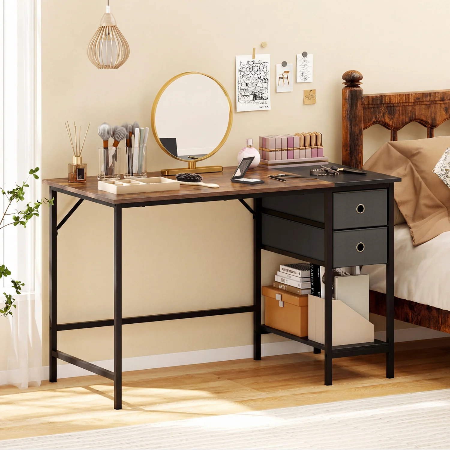 48 Inch Computer Desk with 2 Fabric Drawers Industrial Home Office Desk, Rustic Brown - Image 3