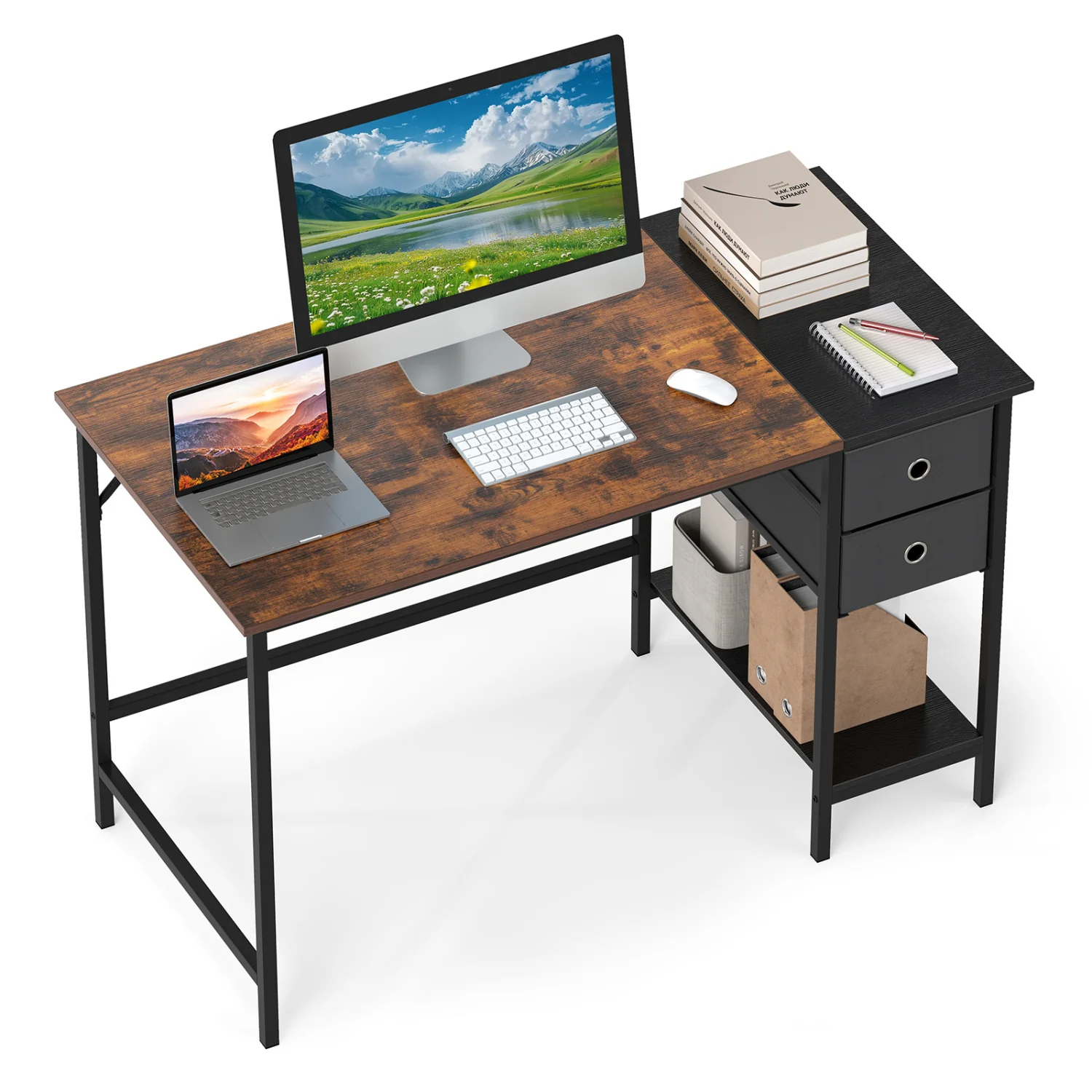 48 Inch Computer Desk with 2 Fabric Drawers Industrial Home Office Desk, Rustic Brown - Image 5