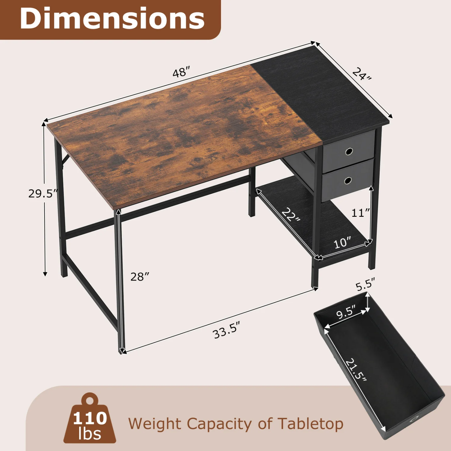 48 Inch Computer Desk with 2 Fabric Drawers Industrial Home Office Desk, Rustic Brown - Image 6