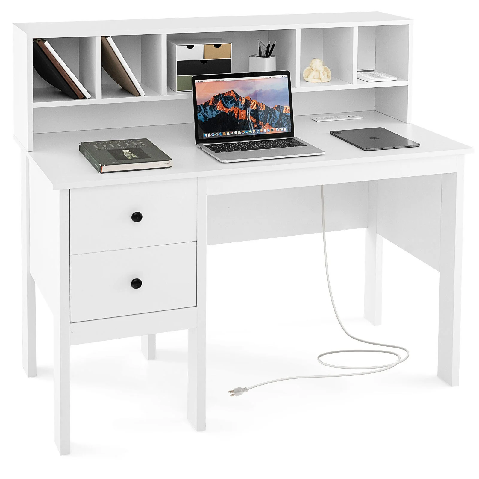 48 Inch Computer Desk With Drawers, Power Outlets, 5-Cubby Hutch, White