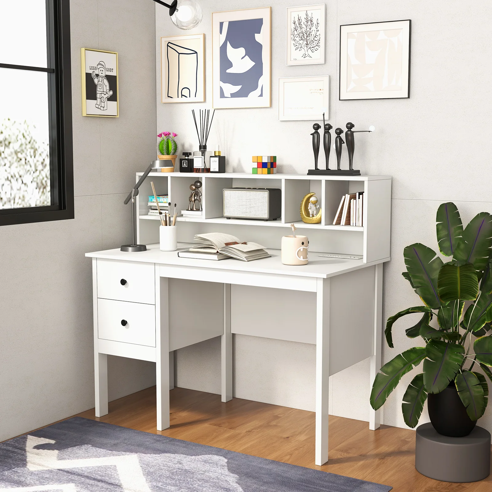48 Inch Computer Desk With Drawers, Power Outlets, 5-Cubby Hutch, White - Image 2