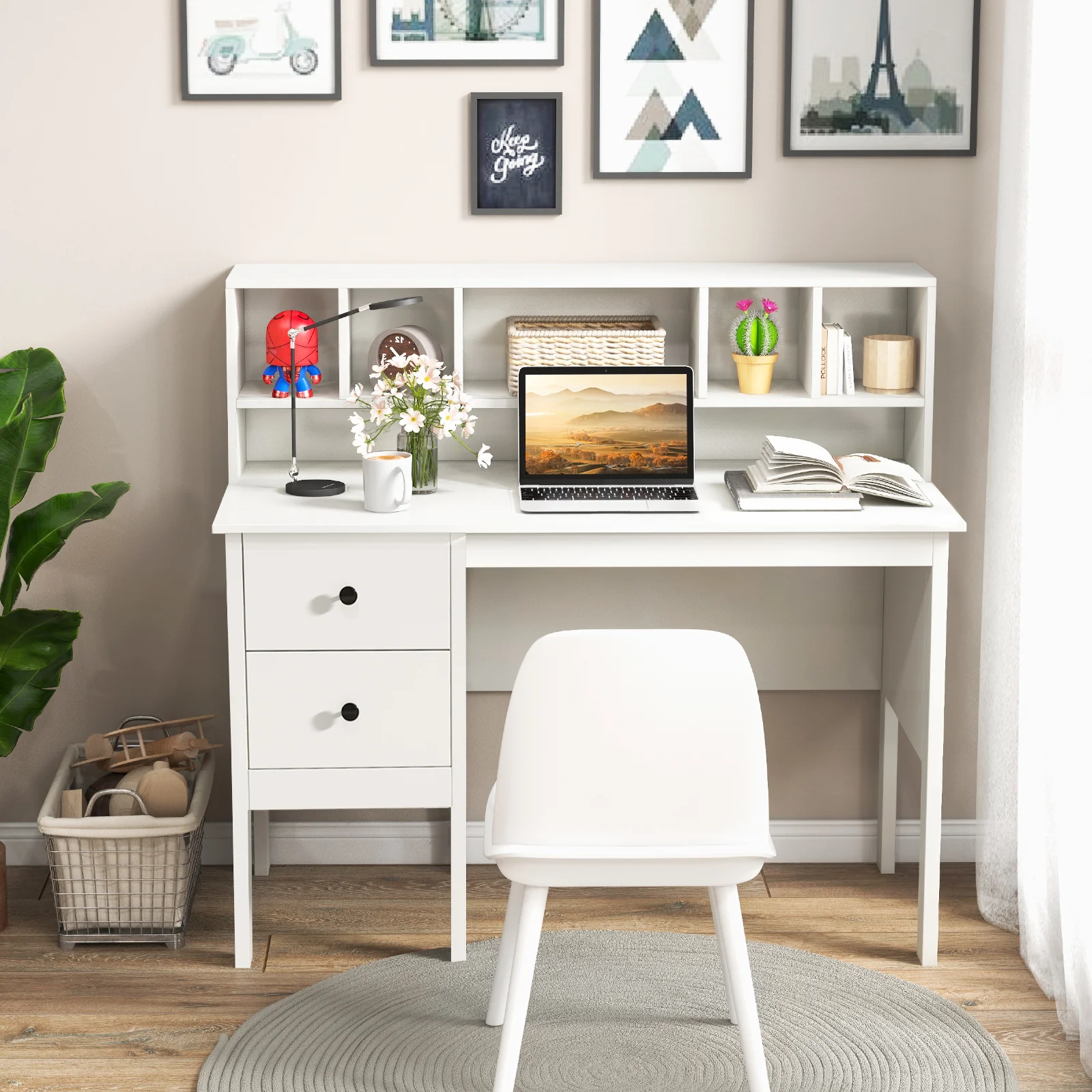 48 Inch Computer Desk With Drawers, Power Outlets, 5-Cubby Hutch, White - Image 3