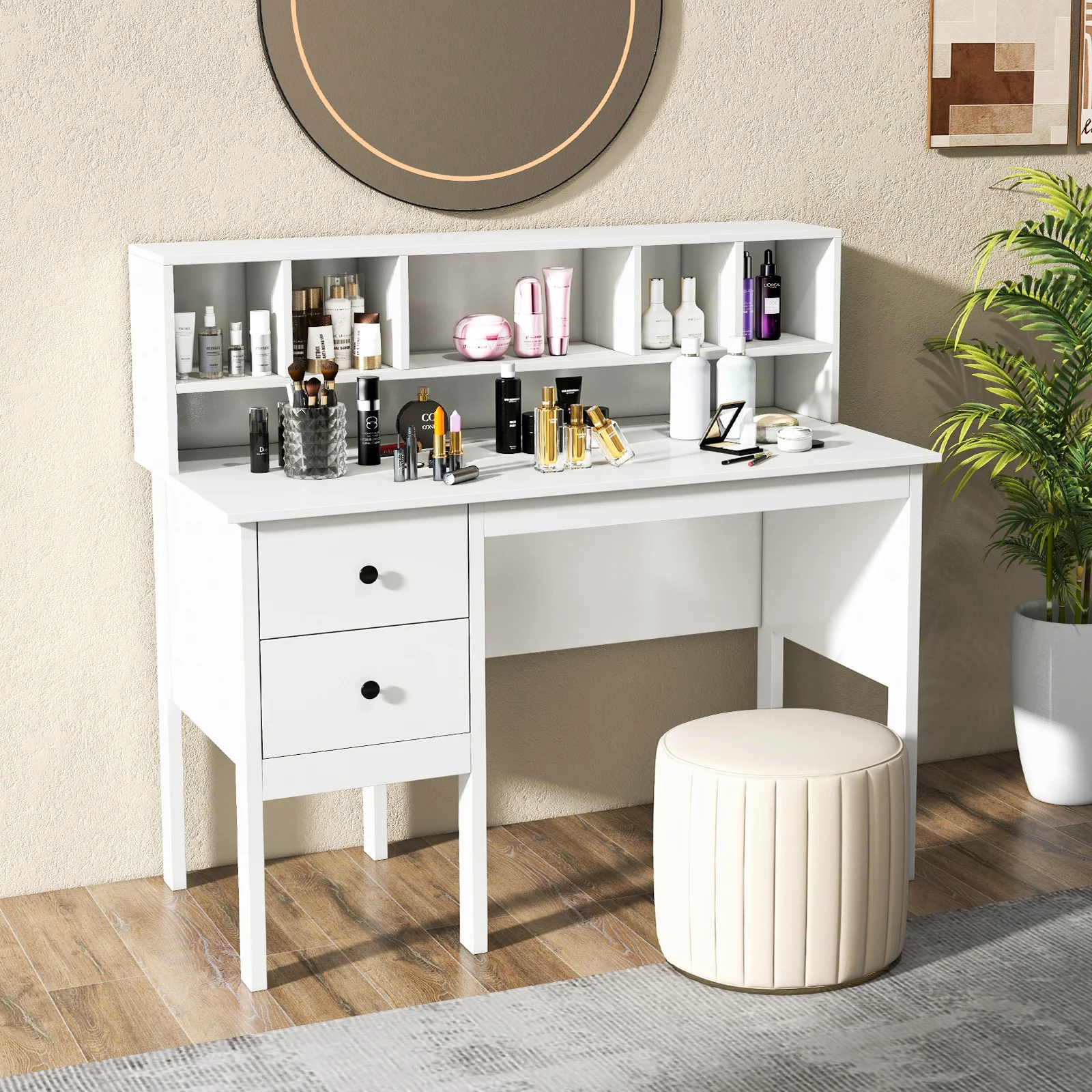 48 Inch Computer Desk With Drawers, Power Outlets, 5-Cubby Hutch, White - Image 7