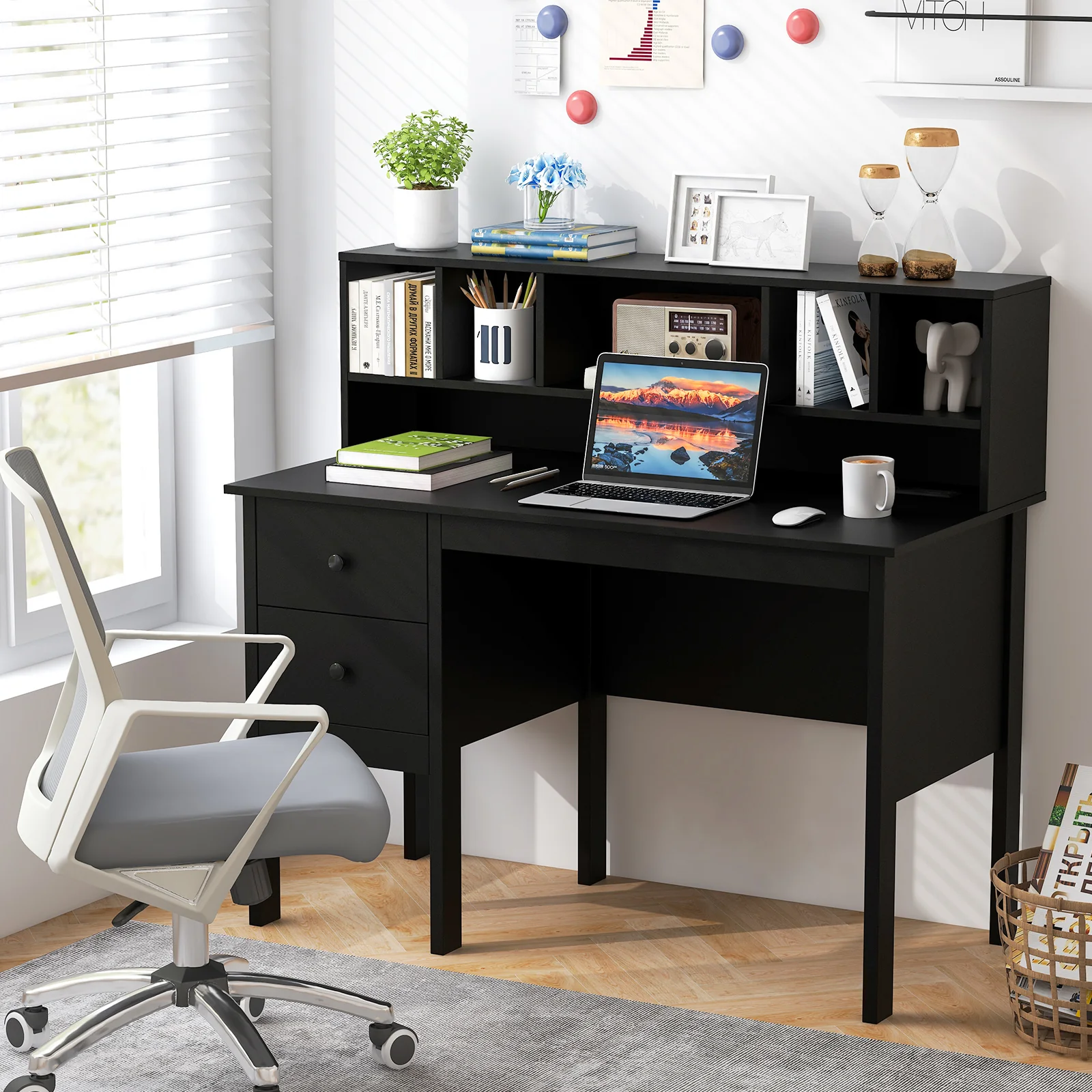 48 Inch Computer Desk With Drawers, Power Outlets, Black - Image 2