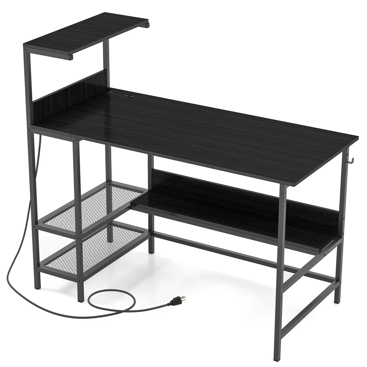 48 Inch Computer Desk With Power Outlets, Storage Shelves, Black