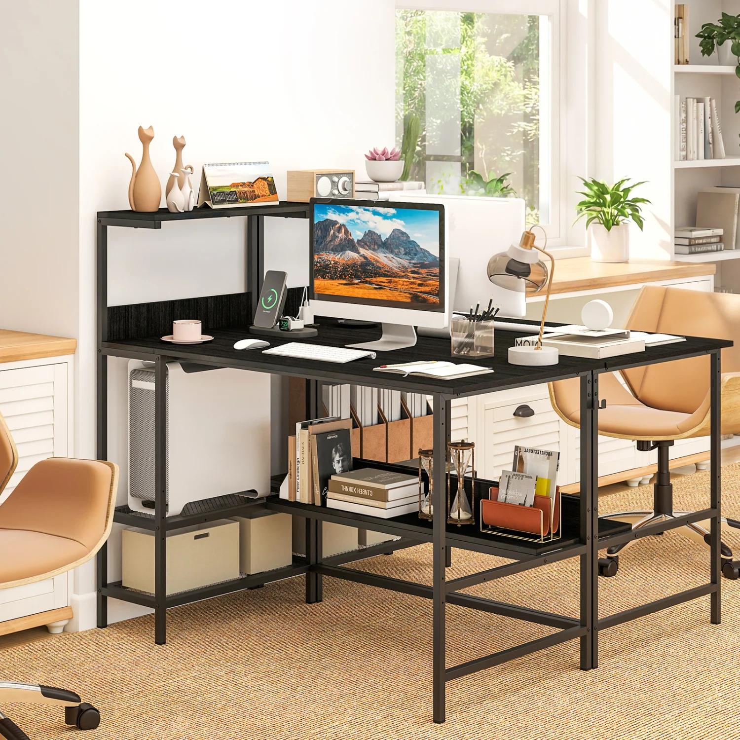 48 Inch Computer Desk With Power Outlets, Storage Shelves, Black - Image 3