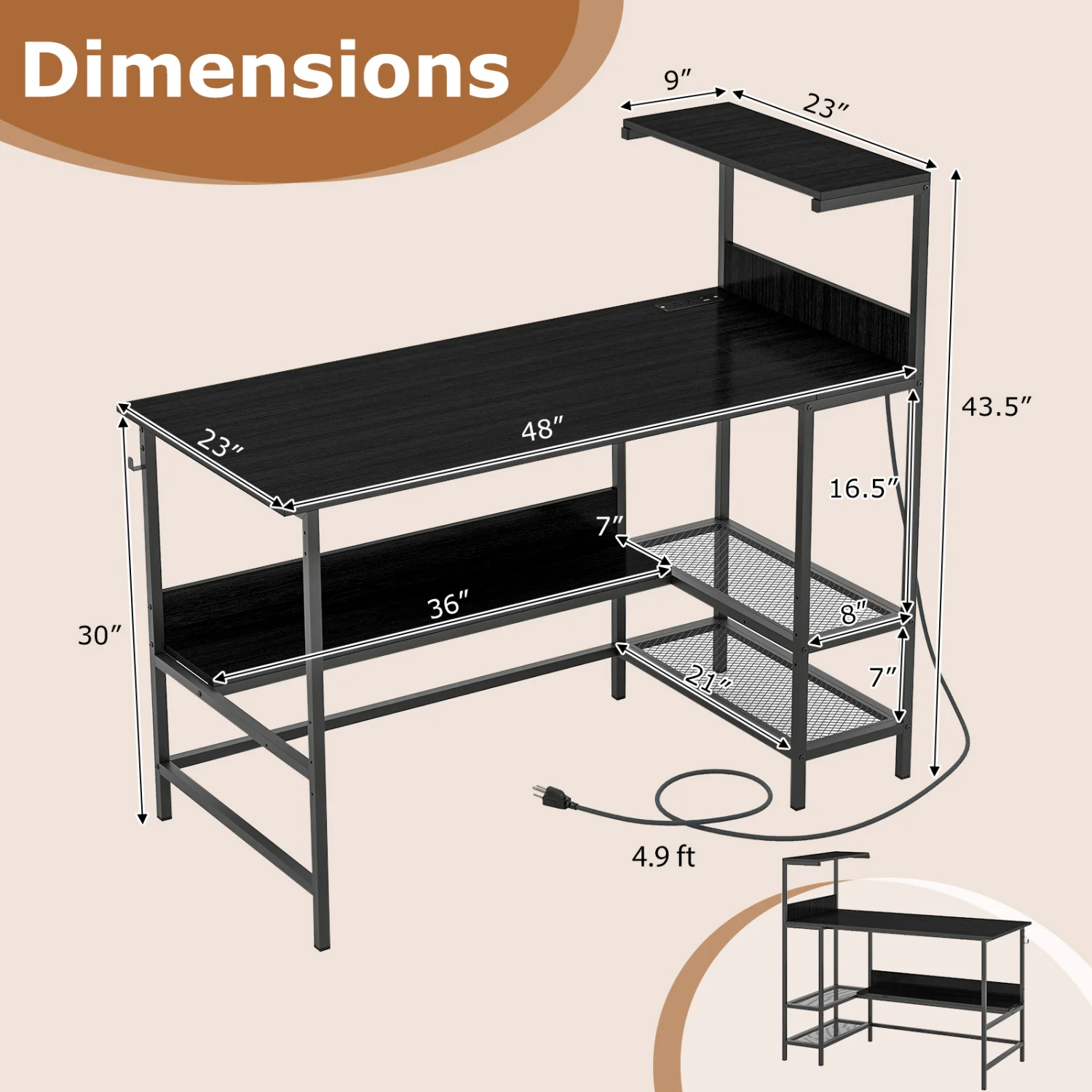 48 Inch Computer Desk With Power Outlets, Storage Shelves, Black - Image 6