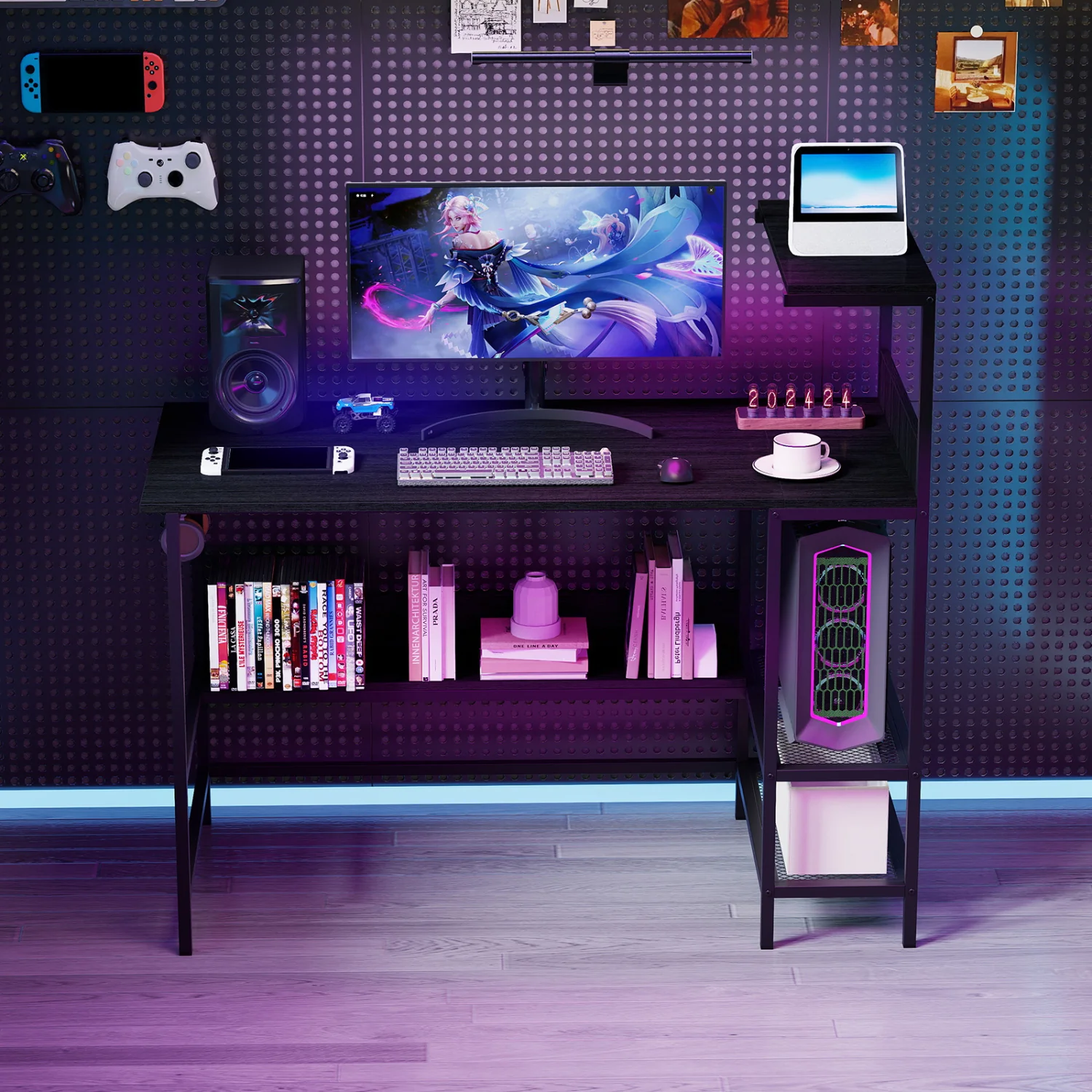 48 Inch Computer Desk With Power Outlets, Storage Shelves, Black - Image 7