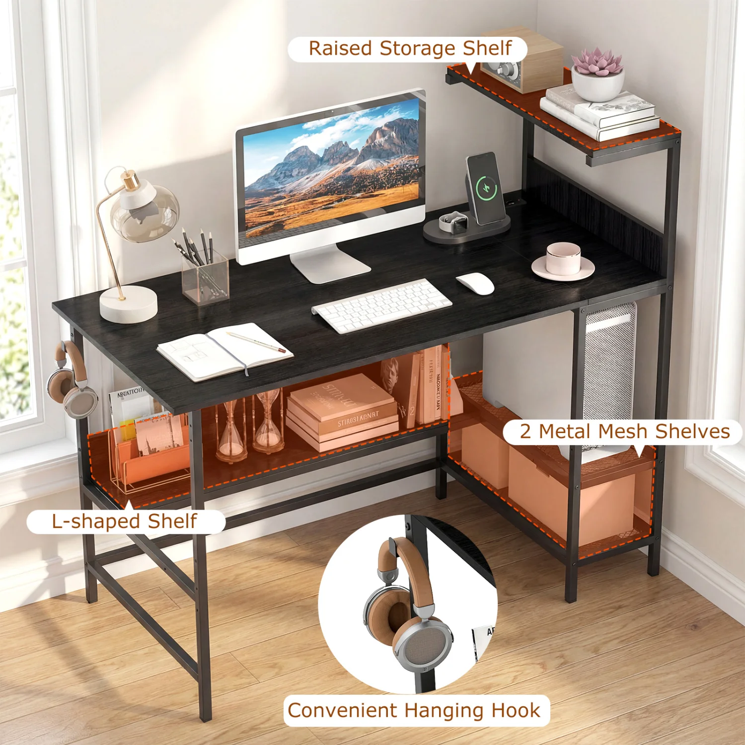 48 Inch Computer Desk With Power Outlets, Storage Shelves, Black - Image 8